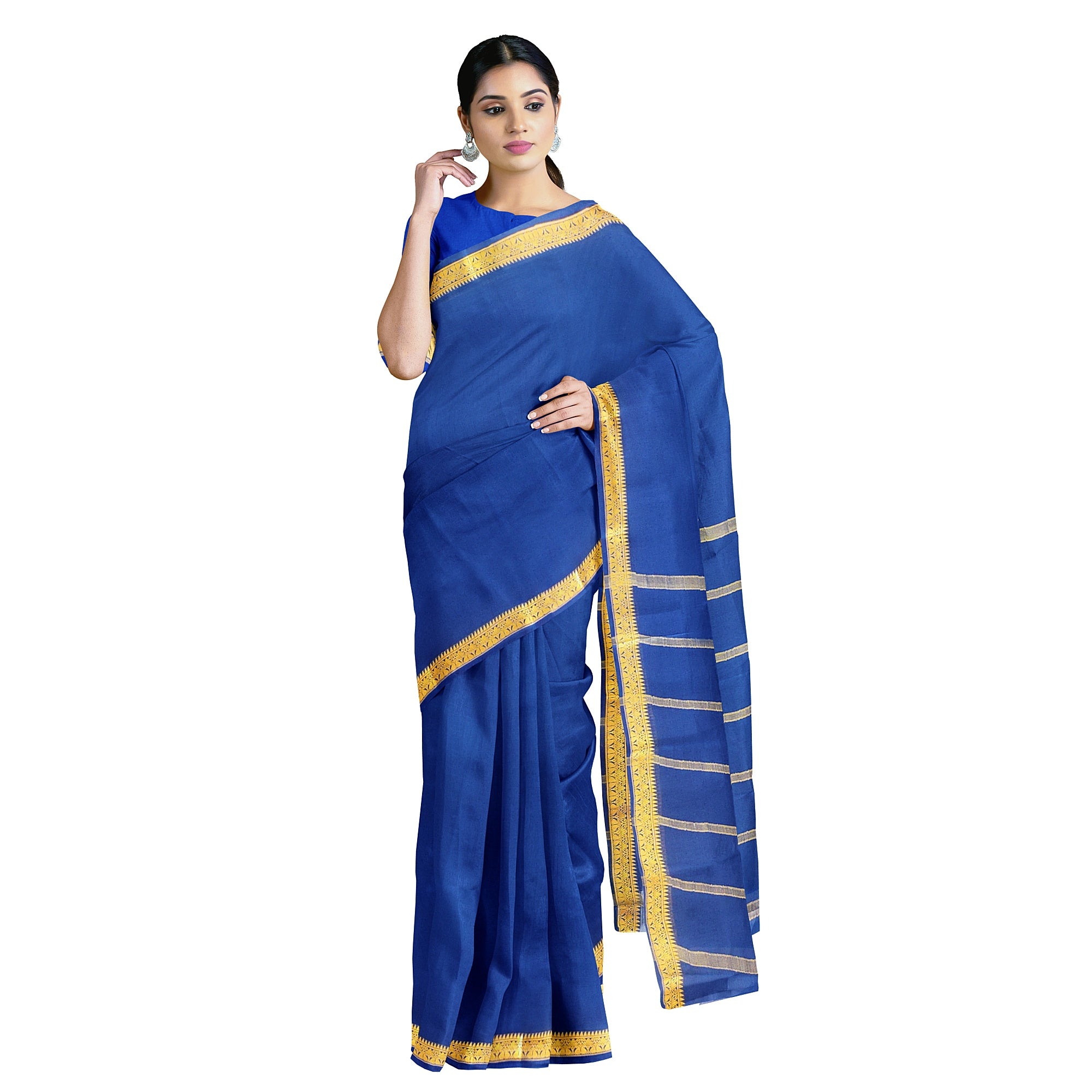 Navy Blue Mysore Silk Saree with Zari Border