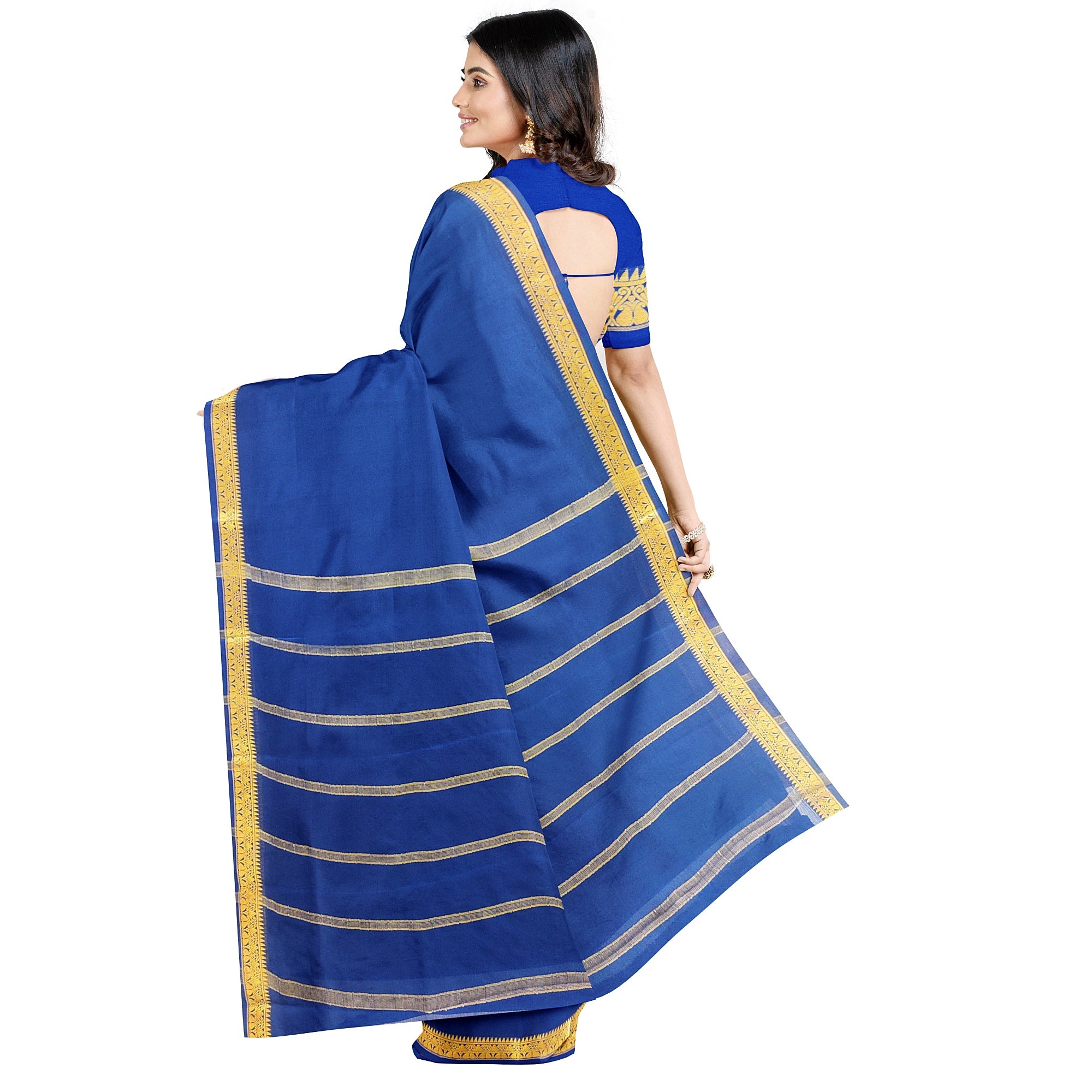 Navy Blue Mysore Silk Saree with Zari Border