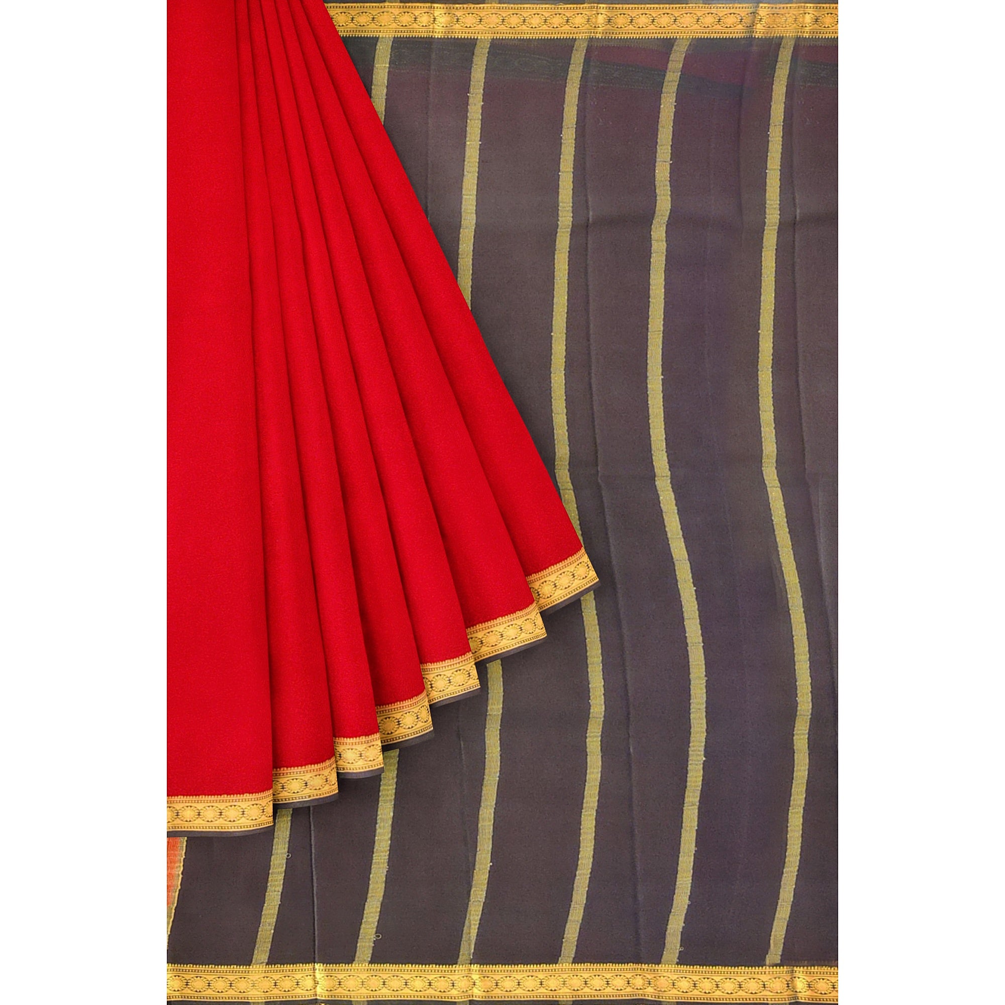Red Mysore Silk Saree with Black Zari Border