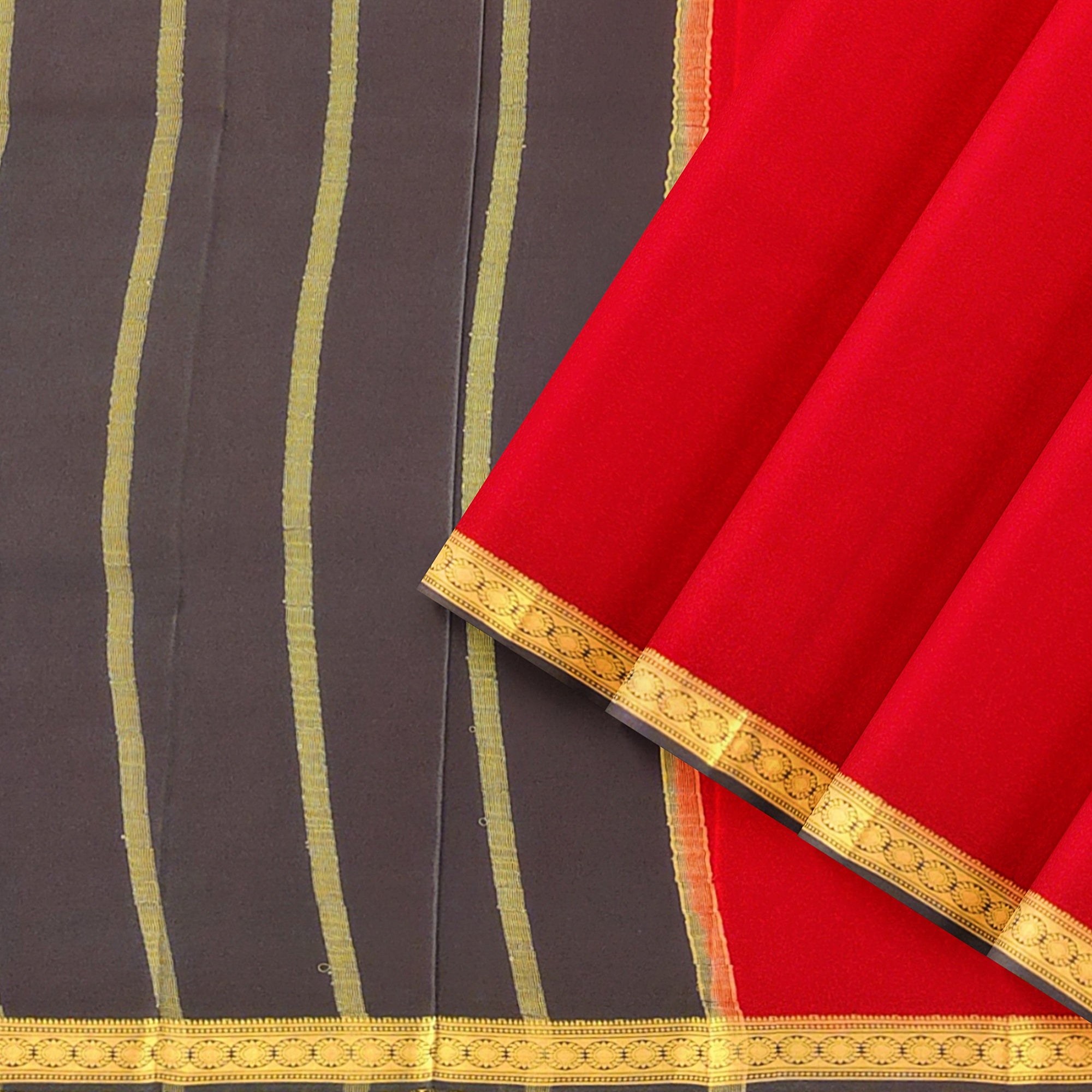 Red Mysore Silk Saree with Black Zari Border
