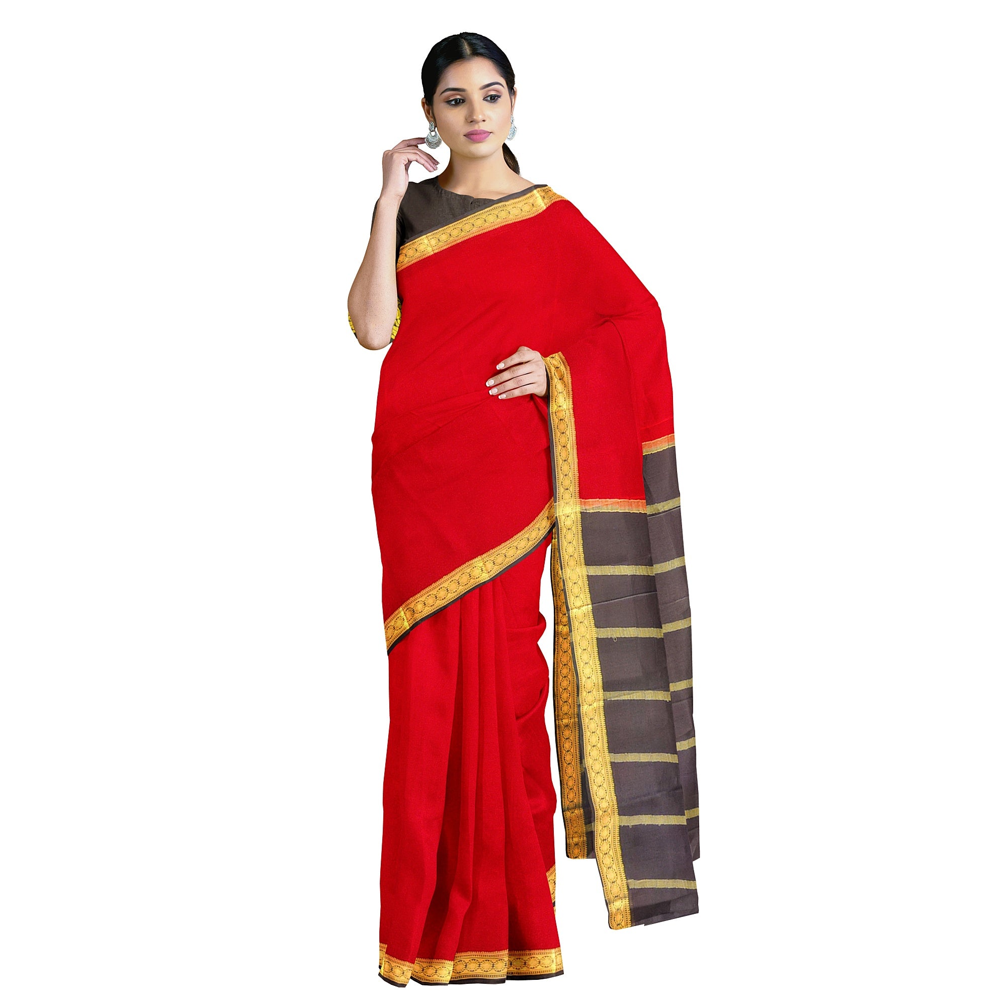 Red Mysore Silk Saree with Black Zari Border