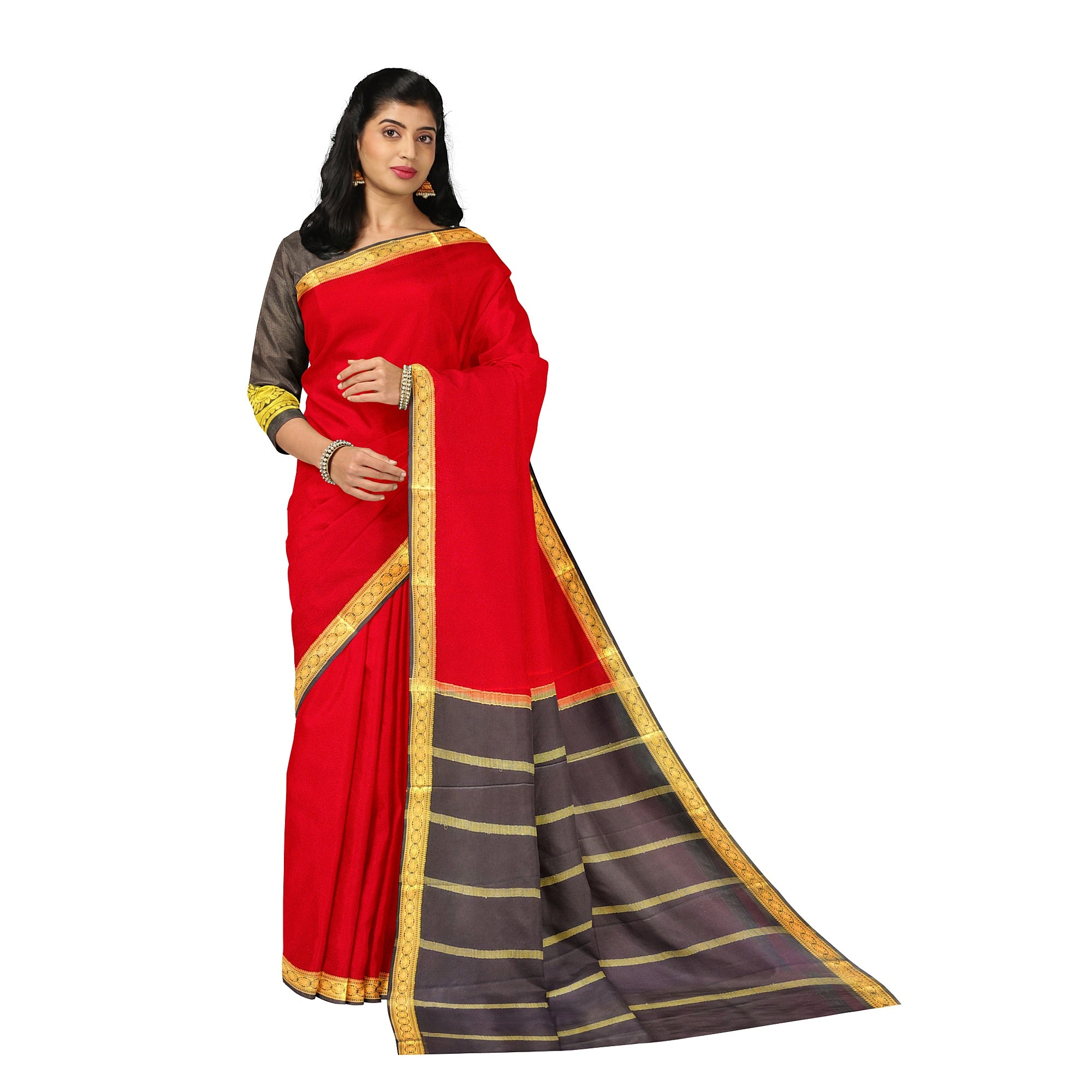 Red Mysore Silk Saree with Black Zari Border