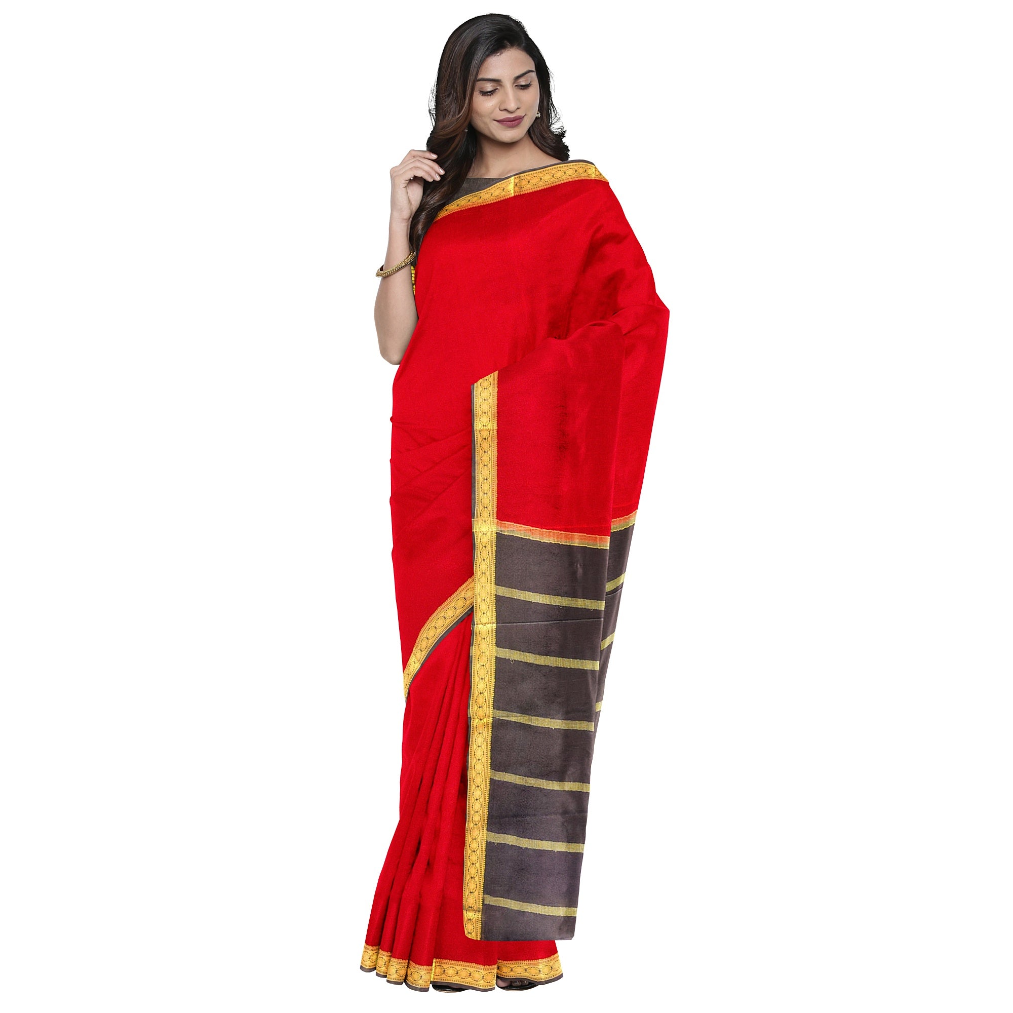 Red Mysore Silk Saree with Black Zari Border
