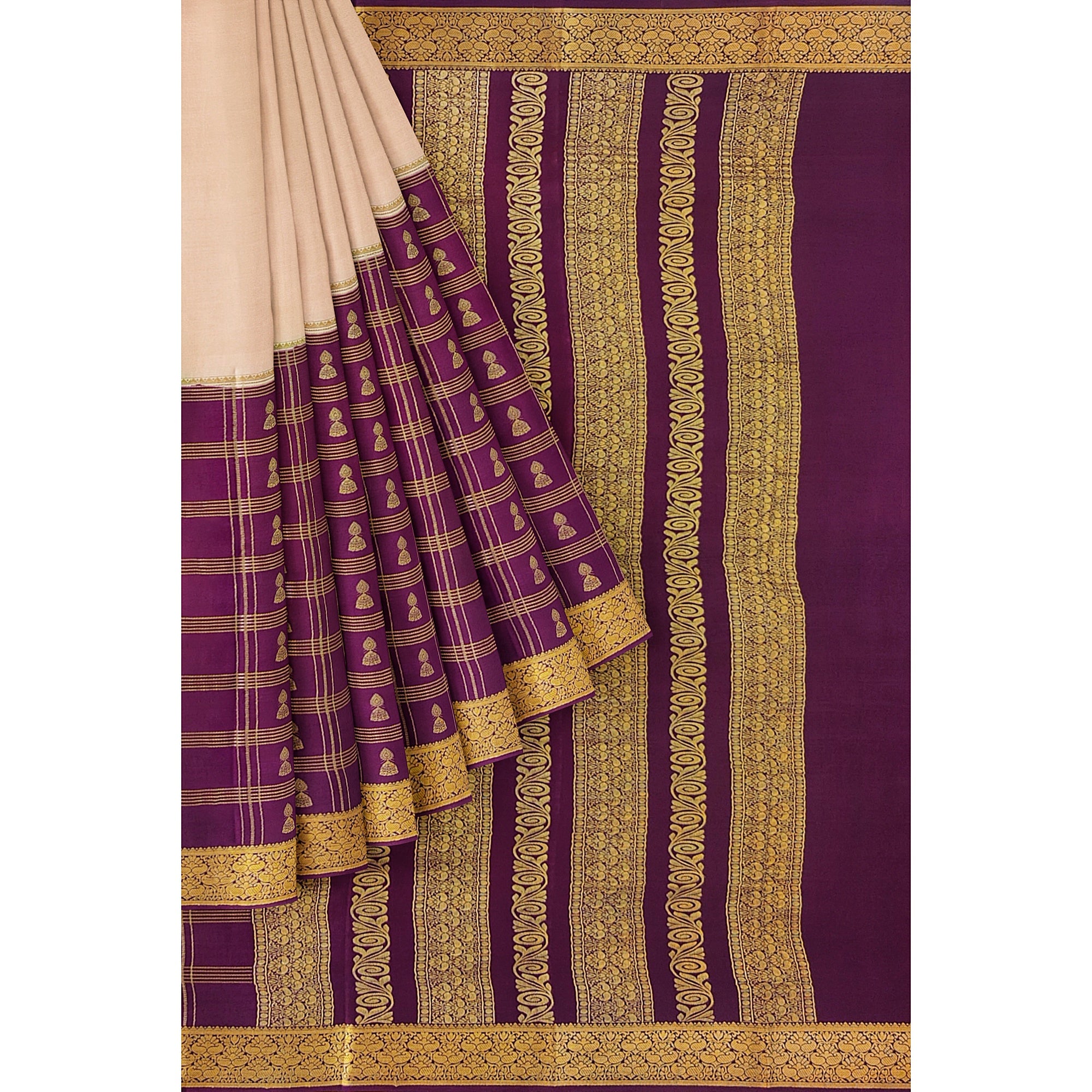Half-and-Half Maroon Mysore Silk Saree with Peach Jhumka Design