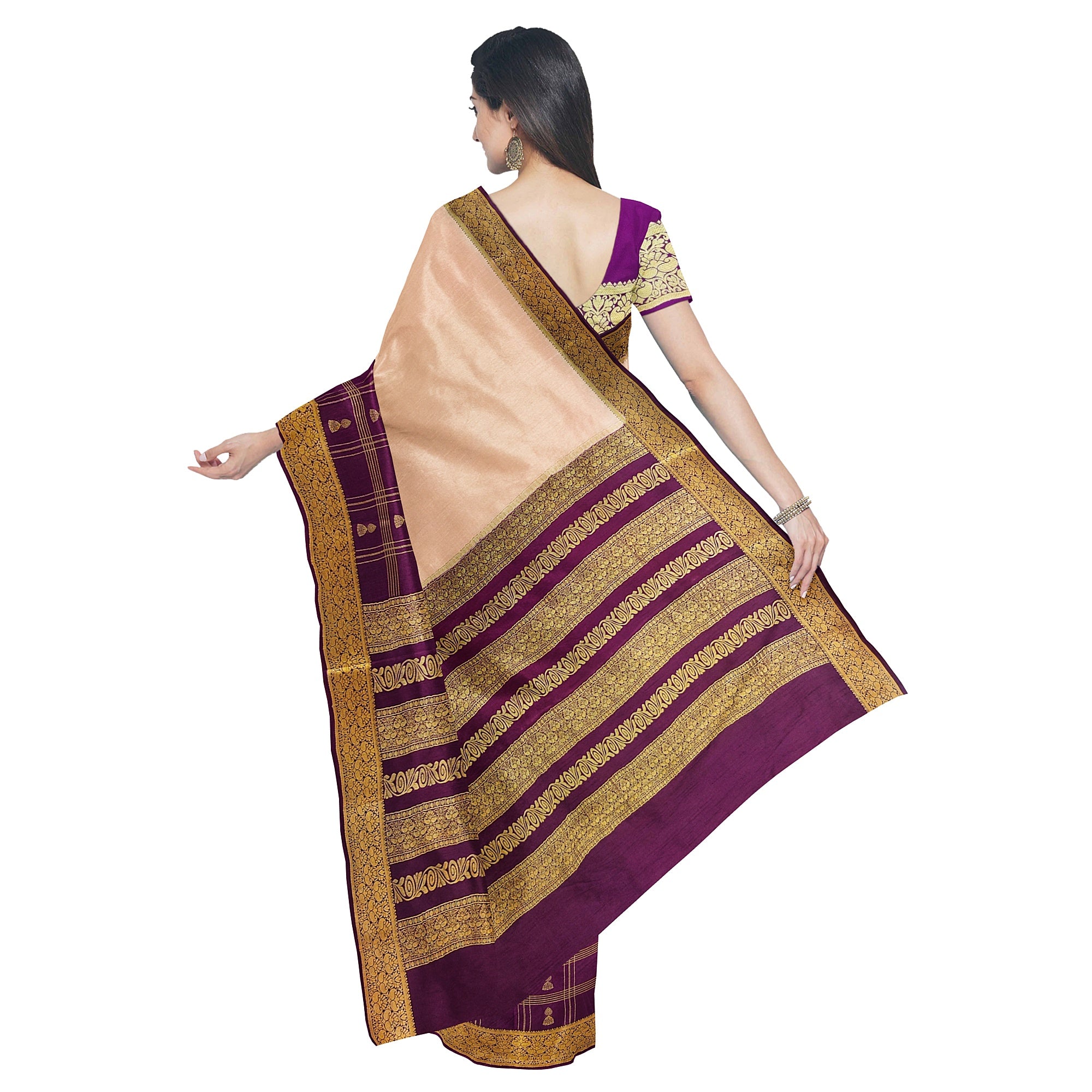 Half-and-Half Maroon Mysore Silk Saree with Peach Jhumka Design