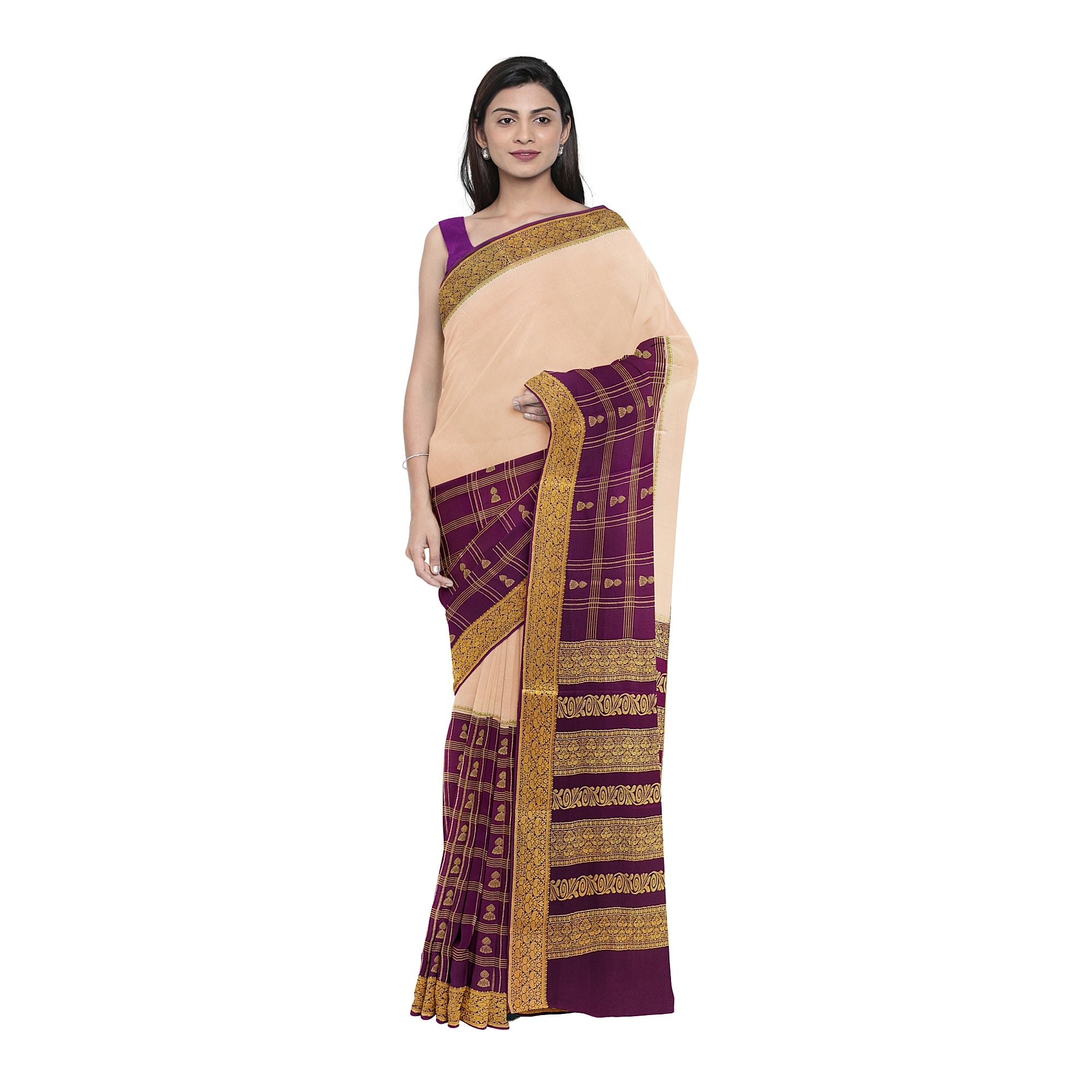 Half-and-Half Maroon Mysore Silk Saree with Peach Jhumka Design