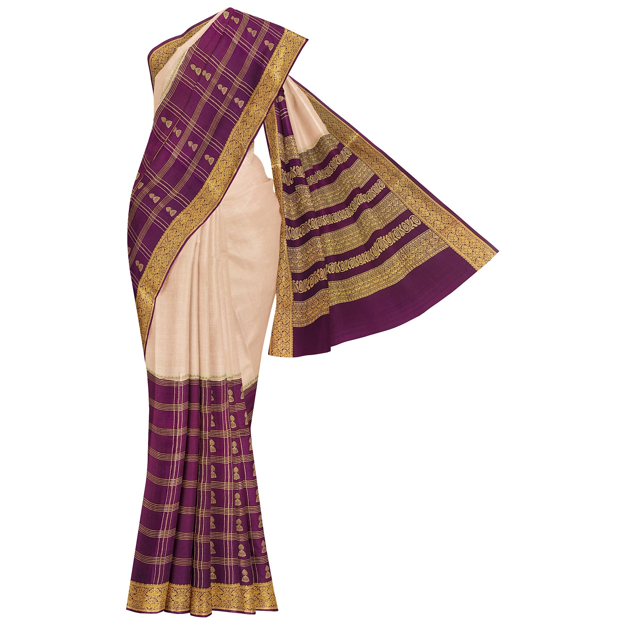 Half-and-Half Maroon Mysore Silk Saree with Peach Jhumka Design