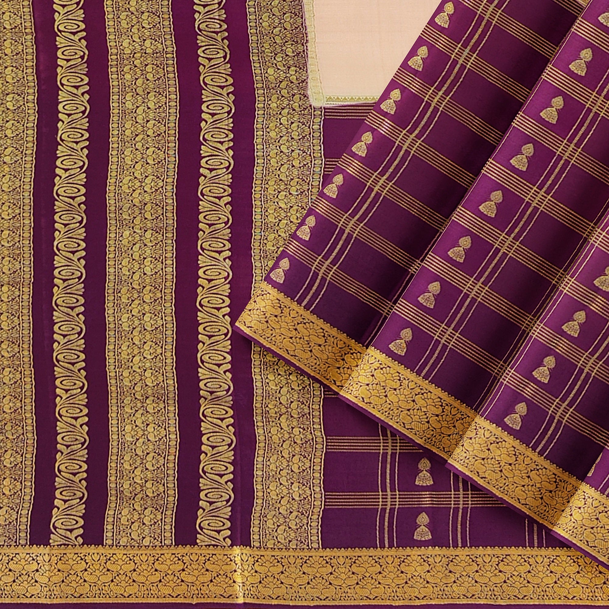 Half-and-Half Maroon Mysore Silk Saree with Peach Jhumka Design