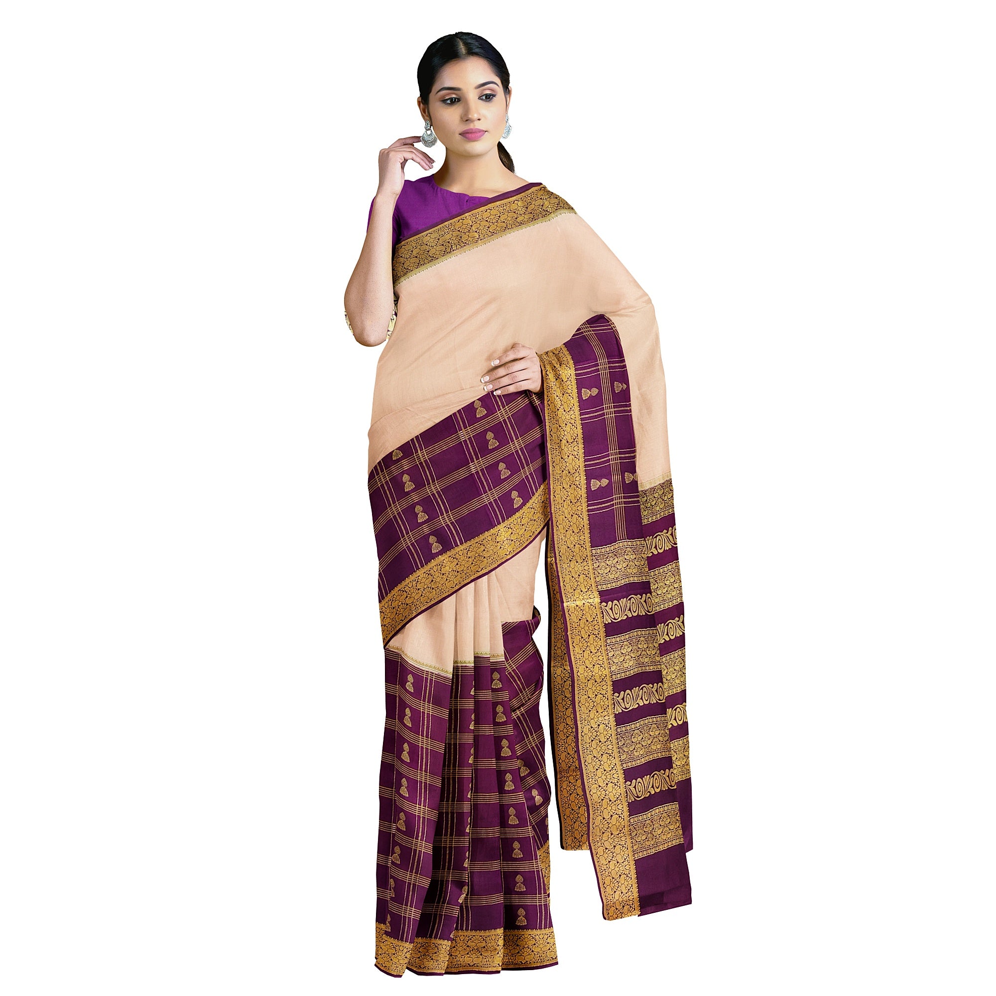 Half-and-Half Maroon Mysore Silk Saree with Peach Jhumka Design