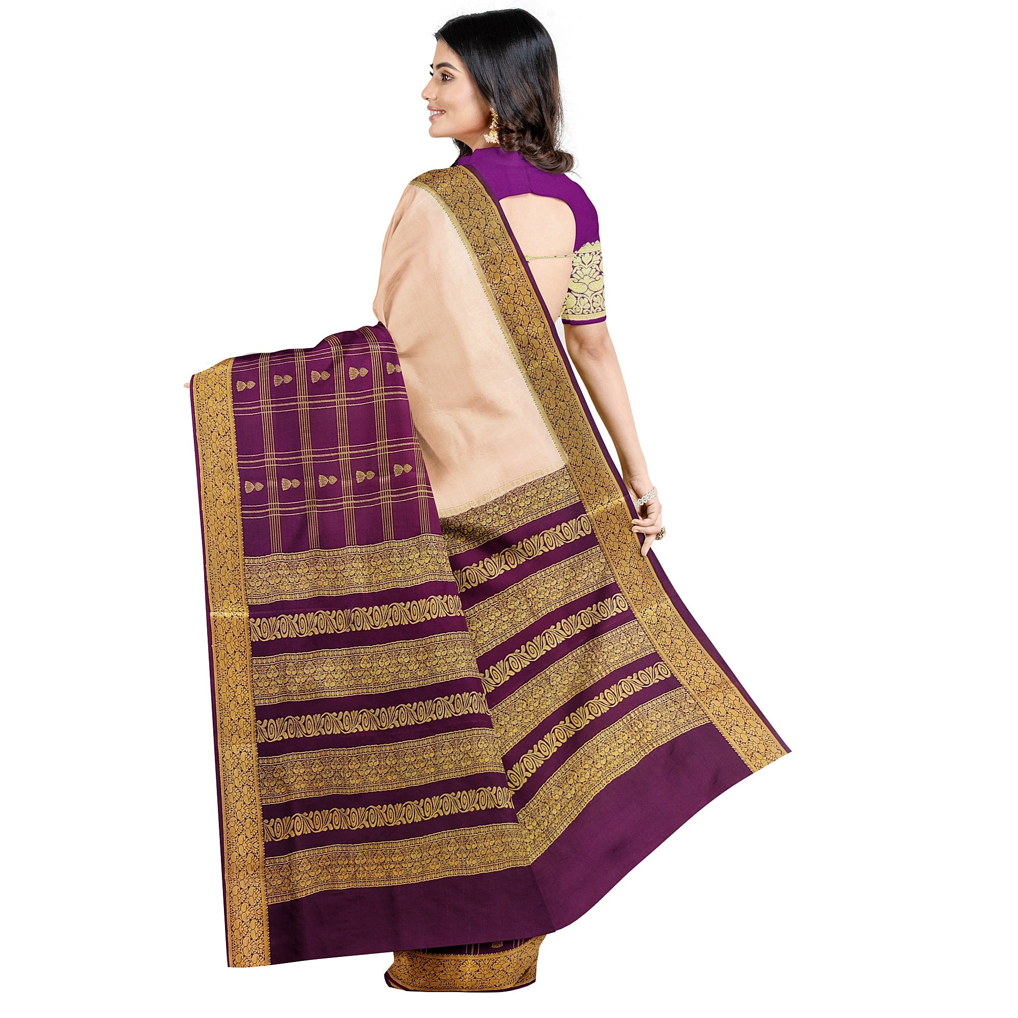 Half-and-Half Maroon Mysore Silk Saree with Peach Jhumka Design