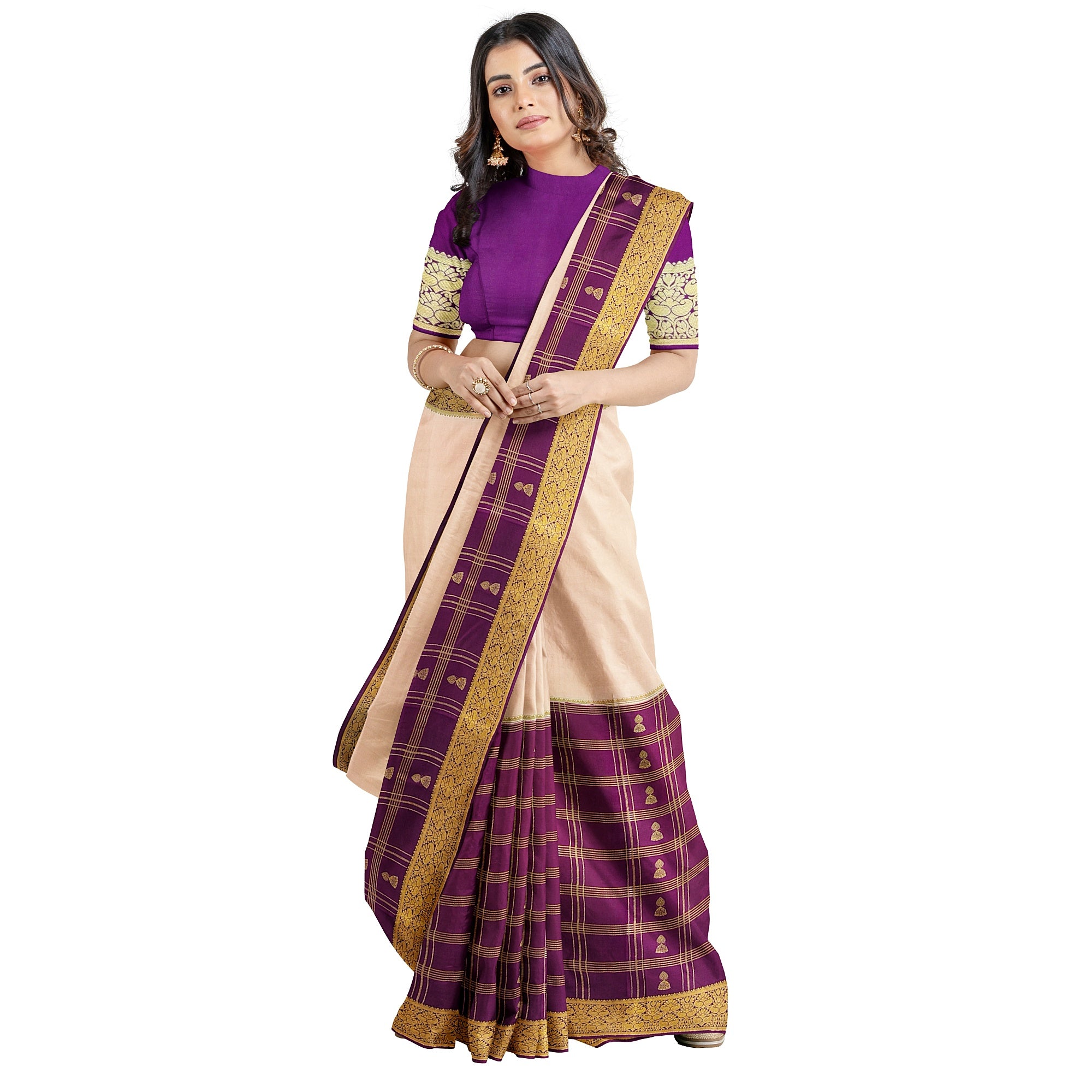 Half-and-Half Maroon Mysore Silk Saree with Peach Jhumka Design