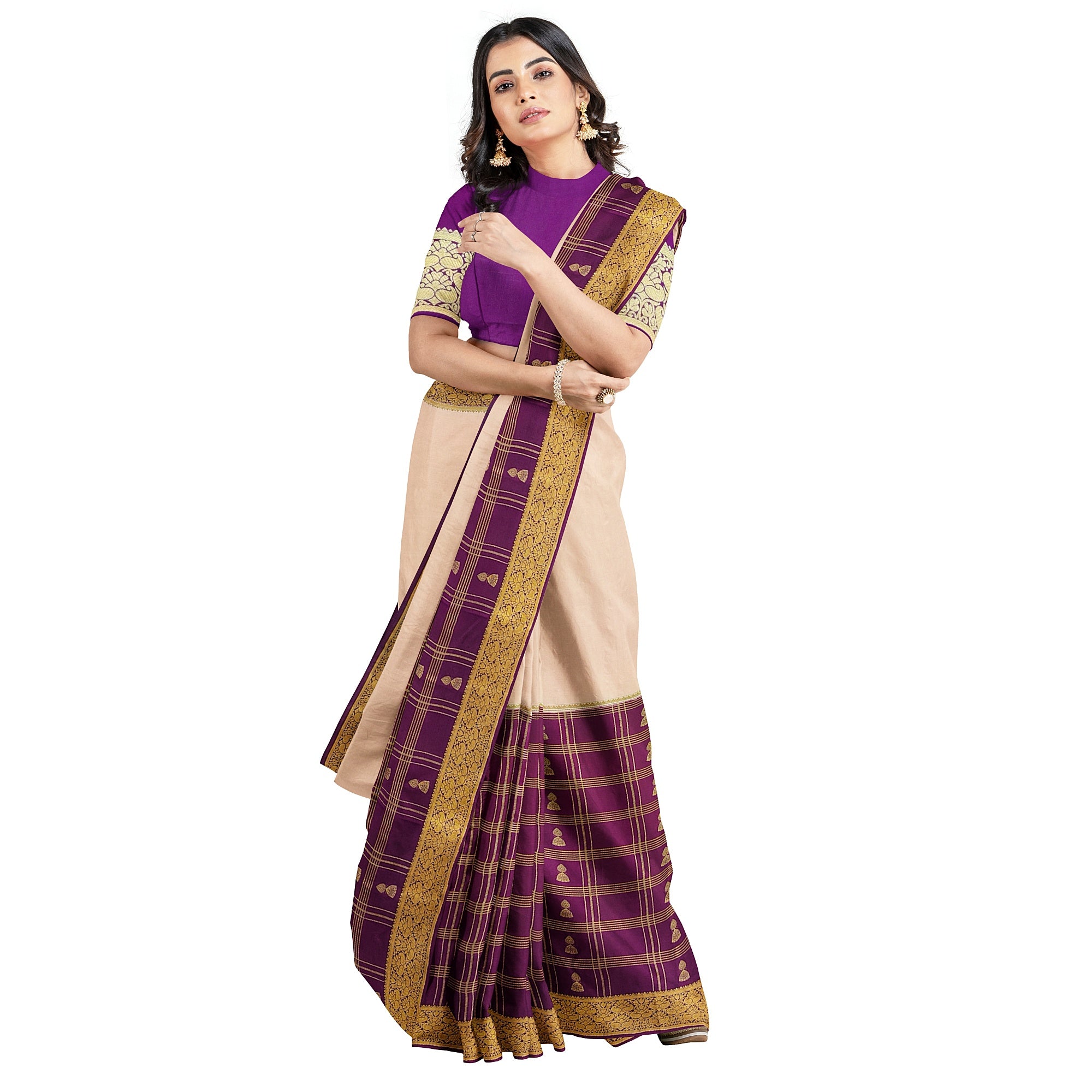 Half-and-Half Maroon Mysore Silk Saree with Peach Jhumka Design