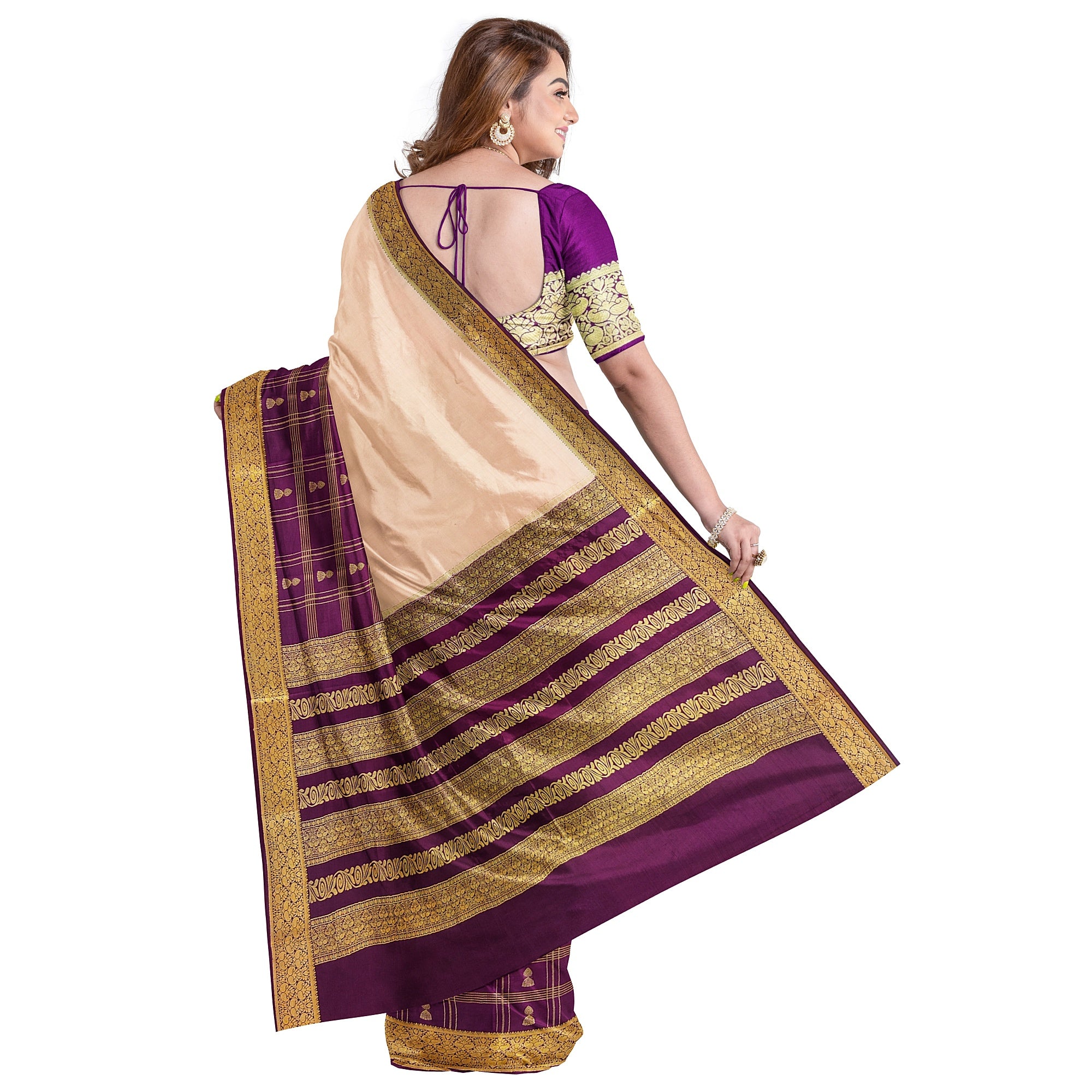Half-and-Half Maroon Mysore Silk Saree with Peach Jhumka Design