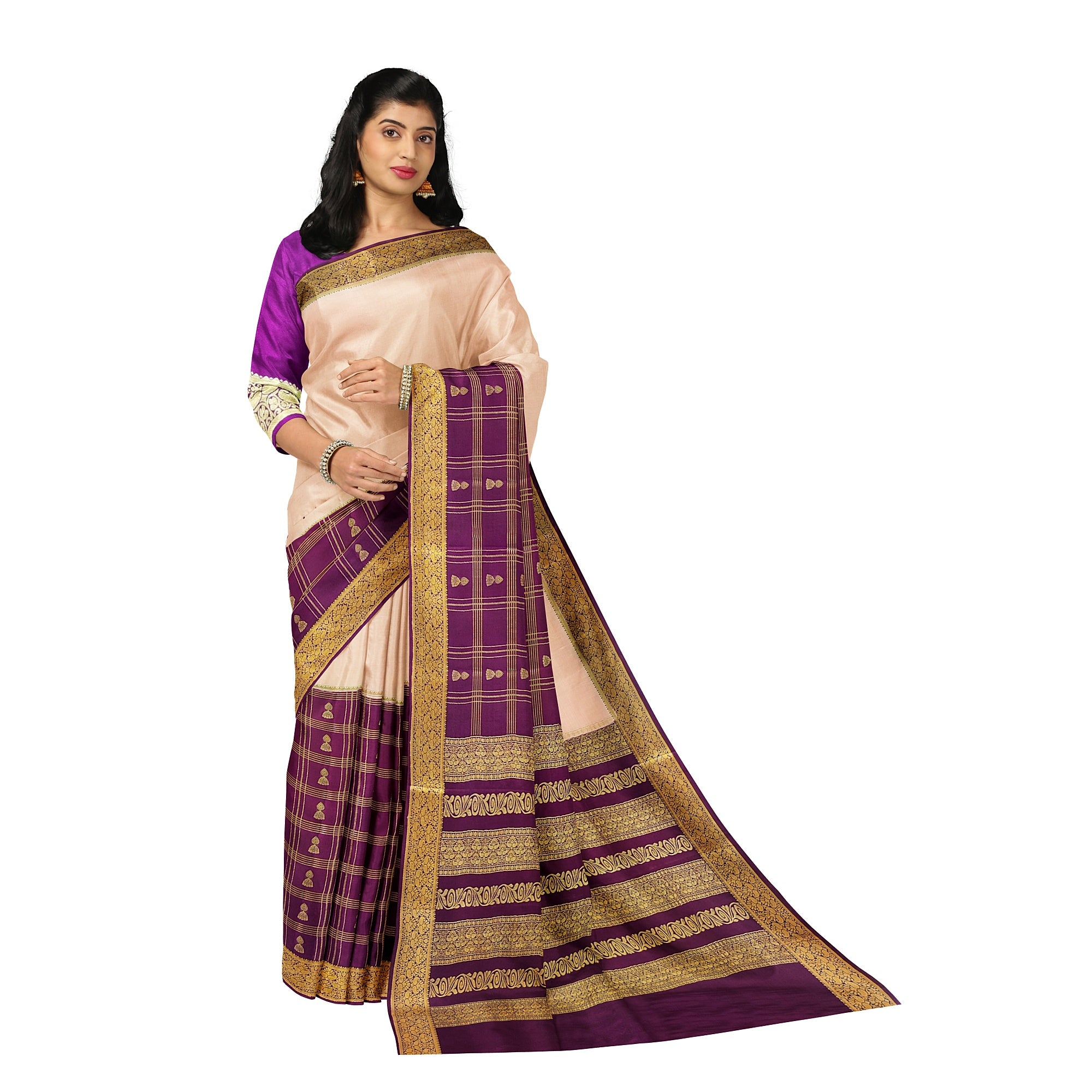Half-and-Half Maroon Mysore Silk Saree with Peach Jhumka Design