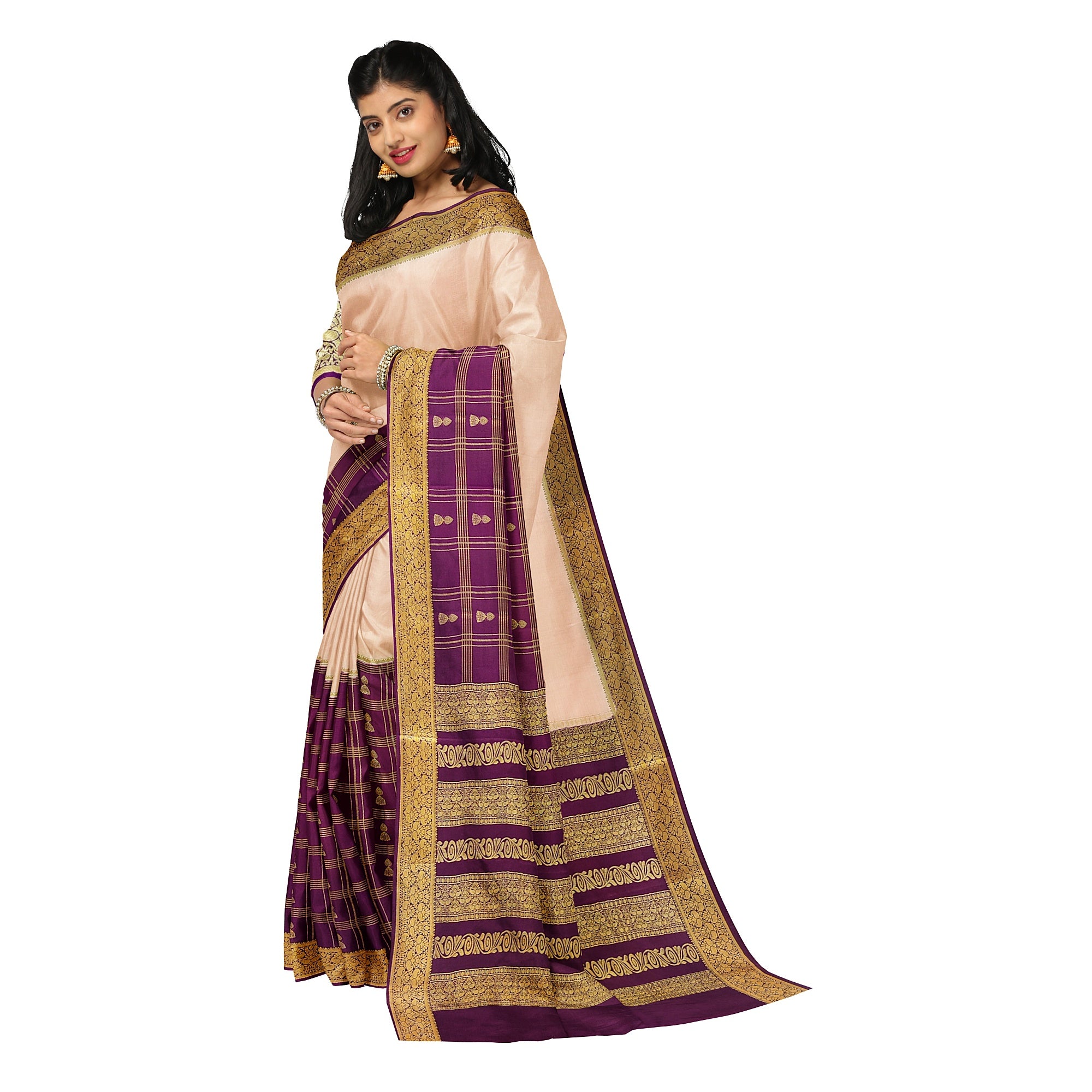 Half-and-Half Maroon Mysore Silk Saree with Peach Jhumka Design