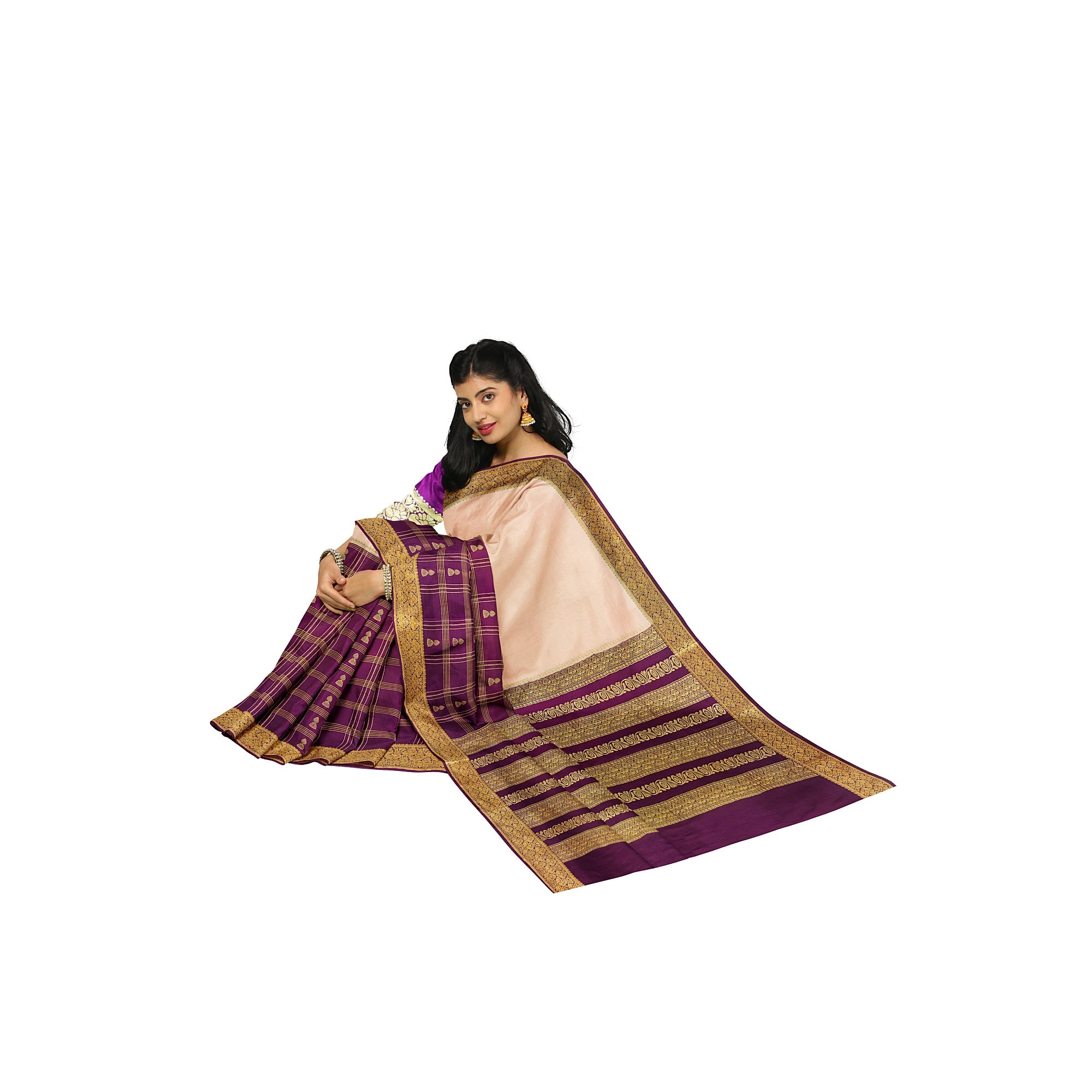 Half-and-Half Maroon Mysore Silk Saree with Peach Jhumka Design