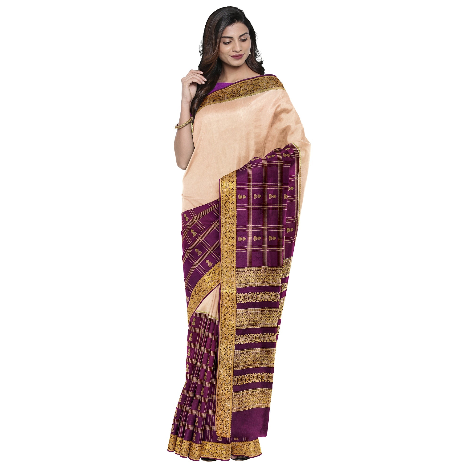 Half-and-Half Maroon Mysore Silk Saree with Peach Jhumka Design