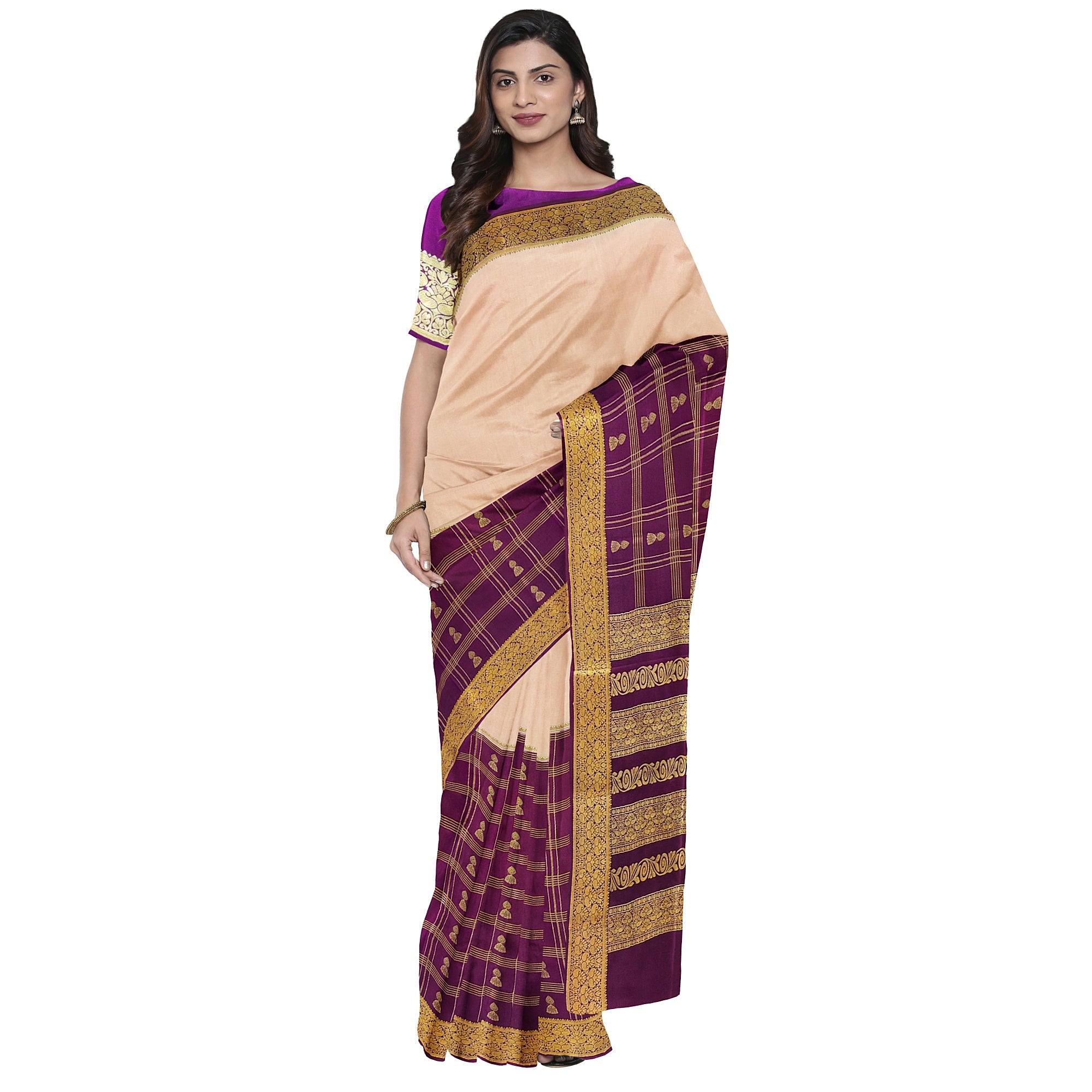 Half-and-Half Maroon Mysore Silk Saree with Peach Jhumka Design