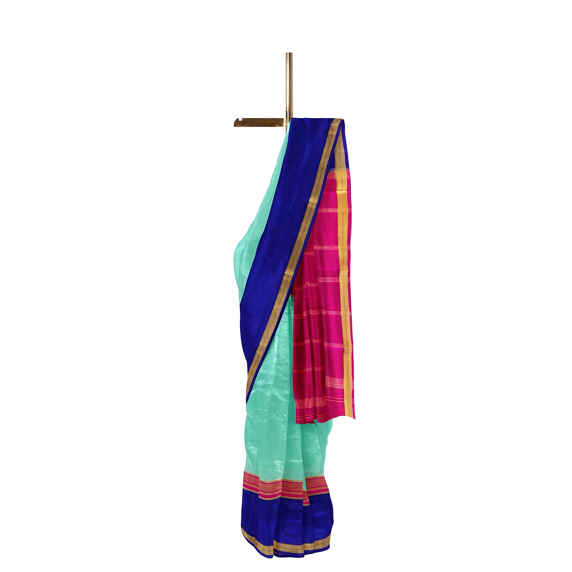 3D Akash Blue Mysore Silk Saree with Pink & Navy Blue Border