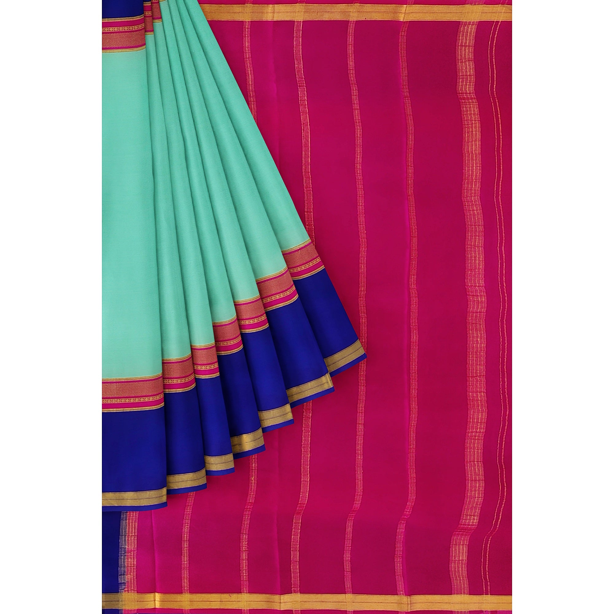 3D Akash Blue Mysore Silk Saree with Pink & Navy Blue Border