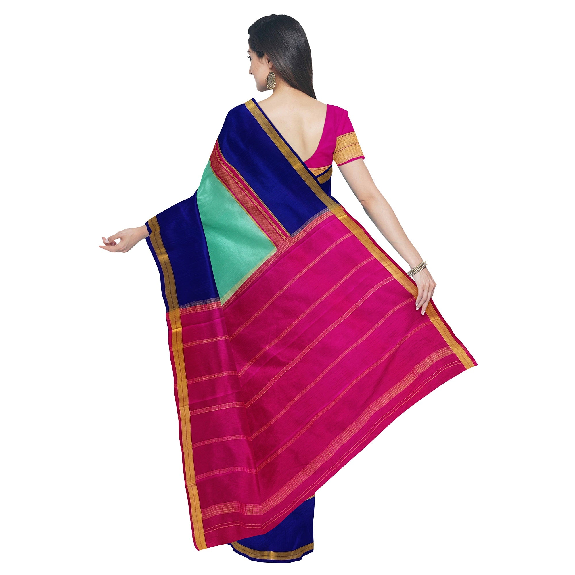 3D Akash Blue Mysore Silk Saree with Pink & Navy Blue Border
