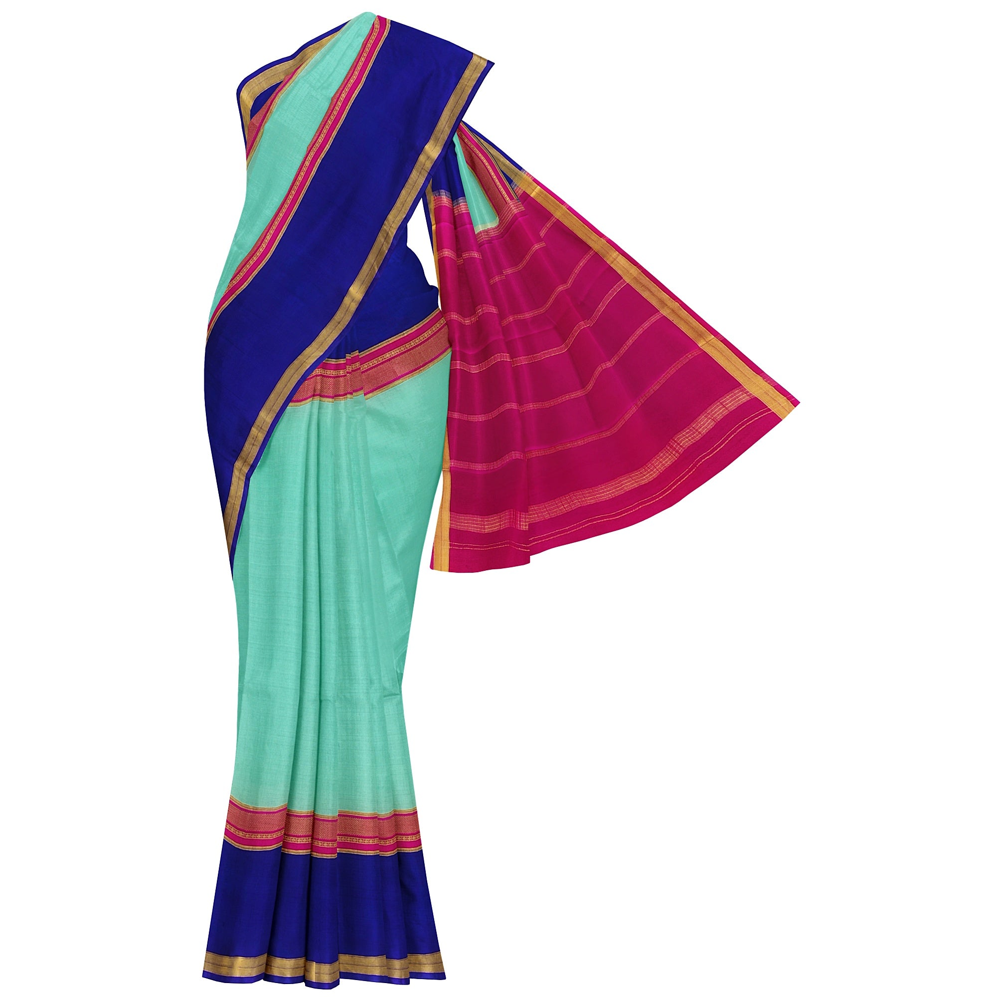 3D Akash Blue Mysore Silk Saree with Pink & Navy Blue Border