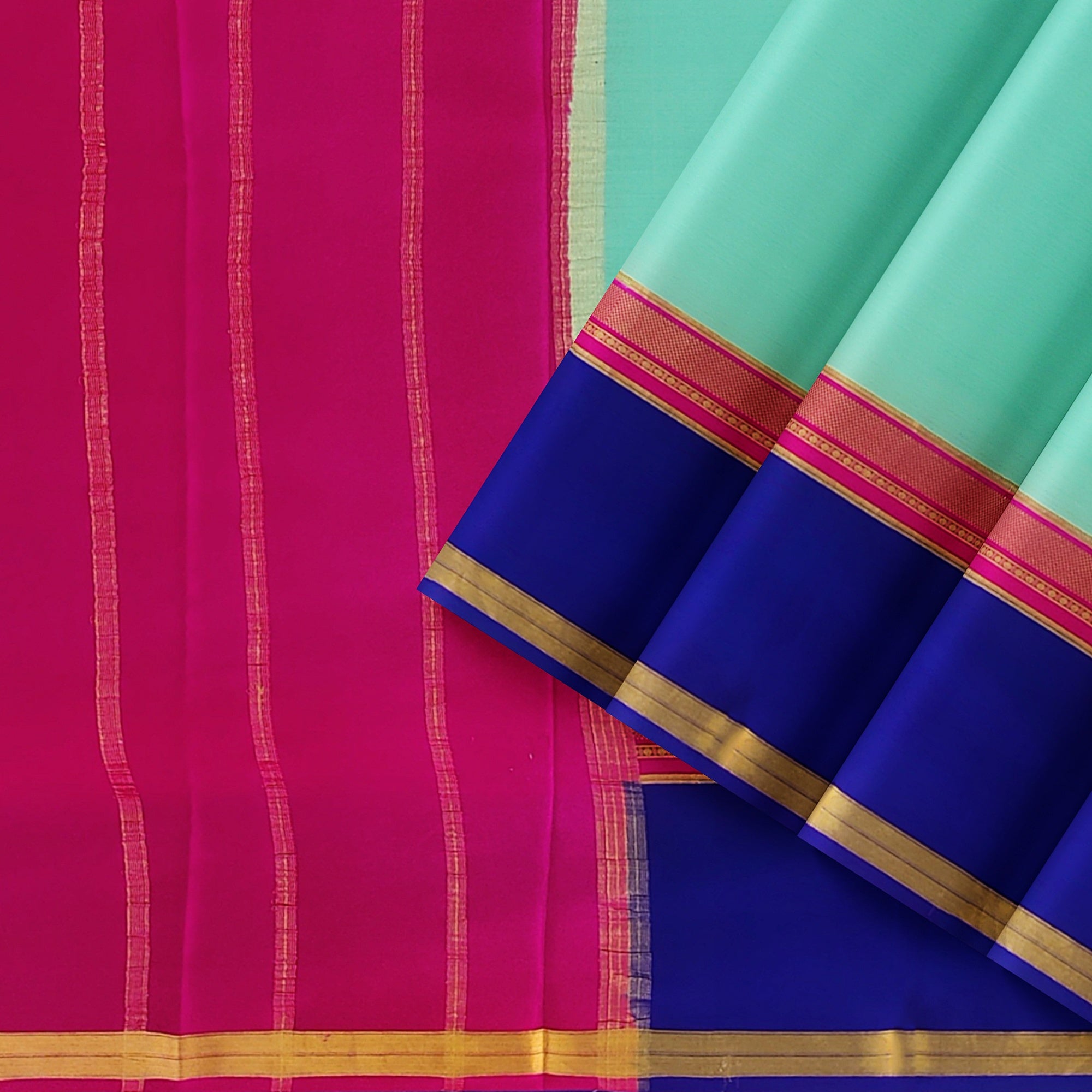 3D Akash Blue Mysore Silk Saree with Pink & Navy Blue Border