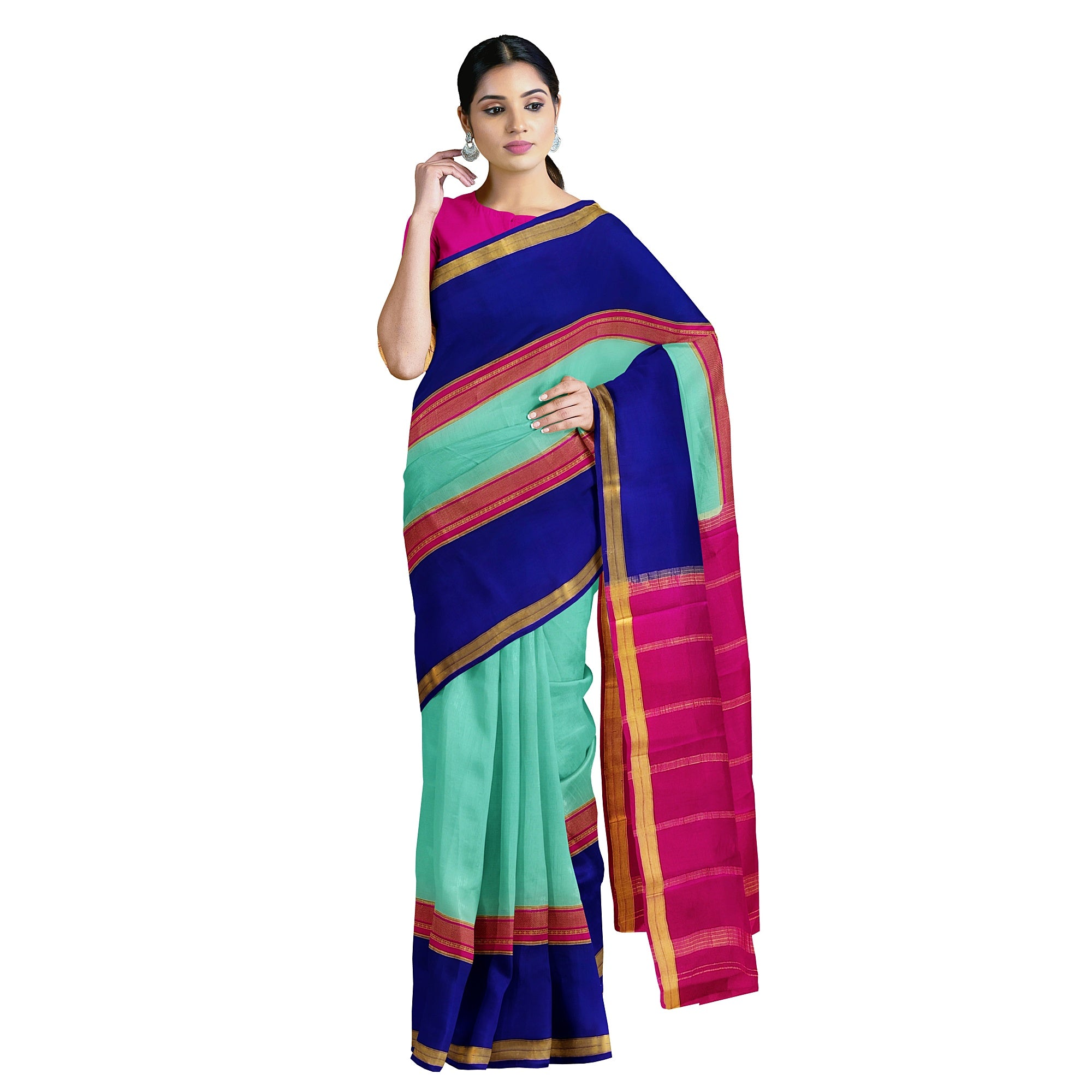 3D Akash Blue Mysore Silk Saree with Pink & Navy Blue Border