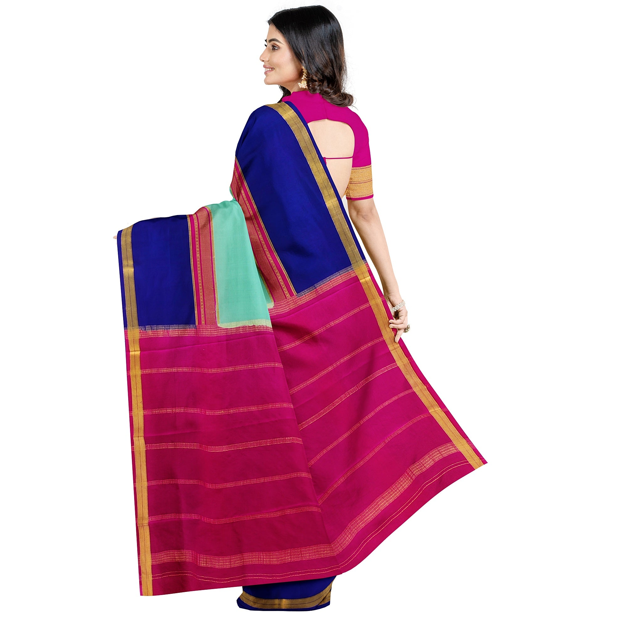 3D Akash Blue Mysore Silk Saree with Pink & Navy Blue Border