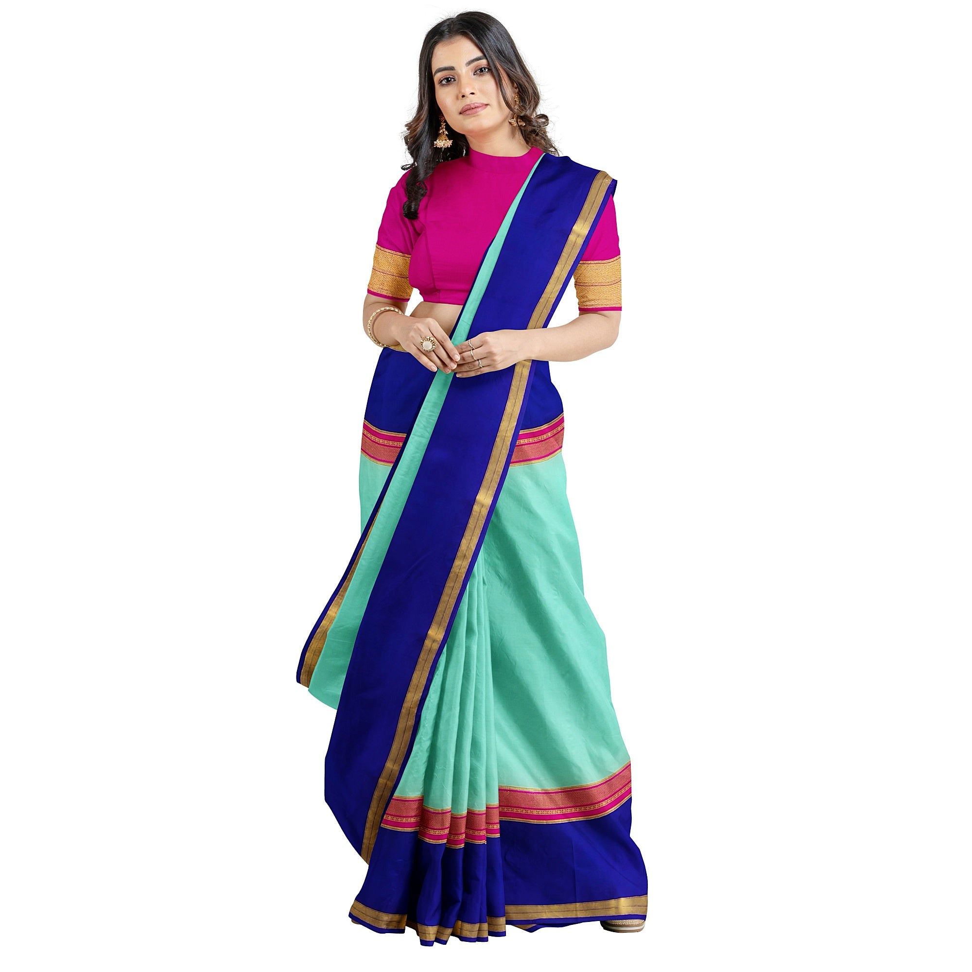 3D Akash Blue Mysore Silk Saree with Pink & Navy Blue Border