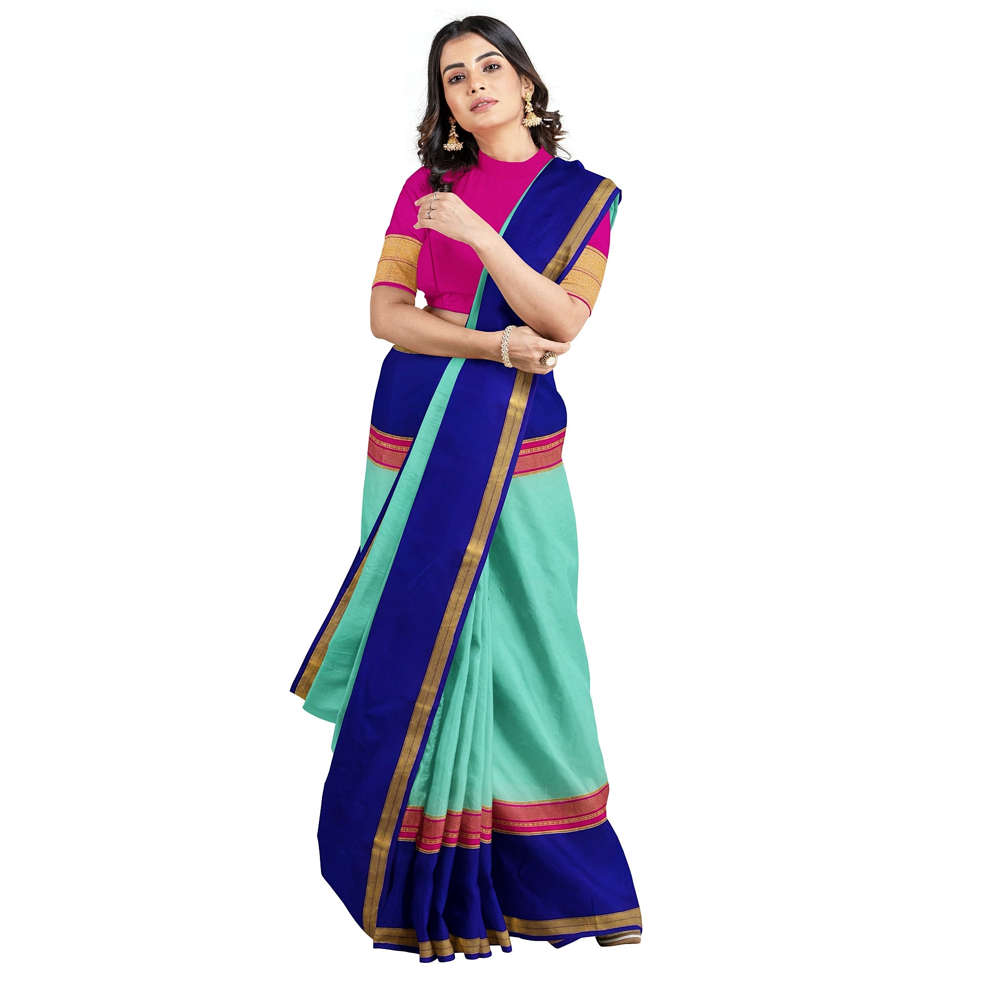 3D Akash Blue Mysore Silk Saree with Pink & Navy Blue Border