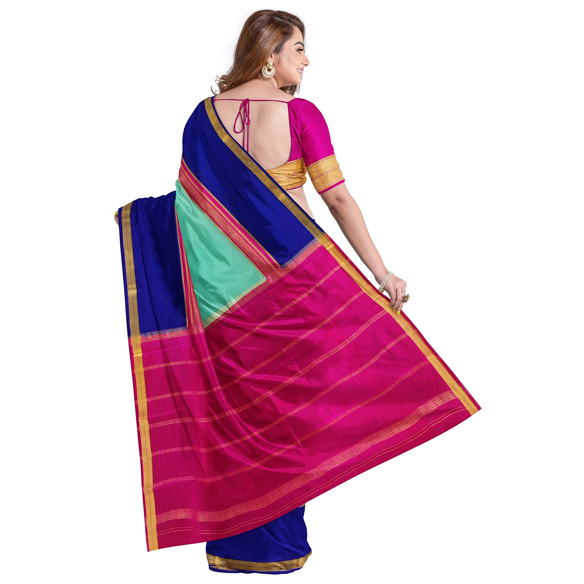 3D Akash Blue Mysore Silk Saree with Pink & Navy Blue Border