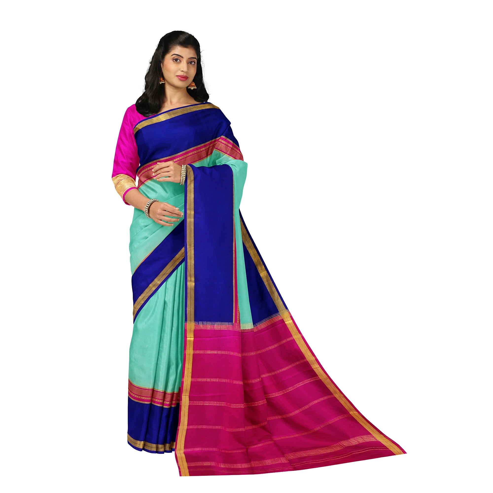 3D Akash Blue Mysore Silk Saree with Pink & Navy Blue Border