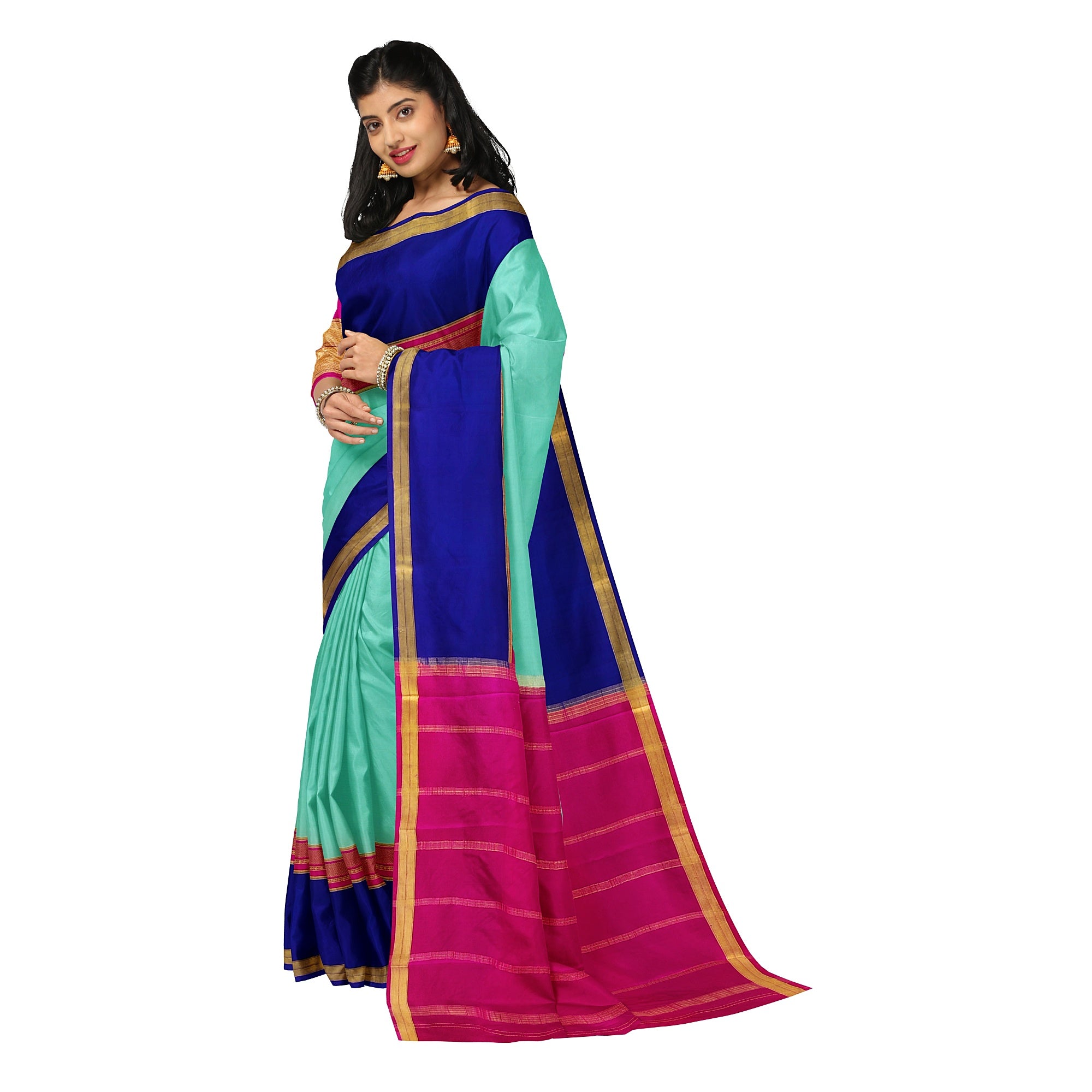 3D Akash Blue Mysore Silk Saree with Pink & Navy Blue Border