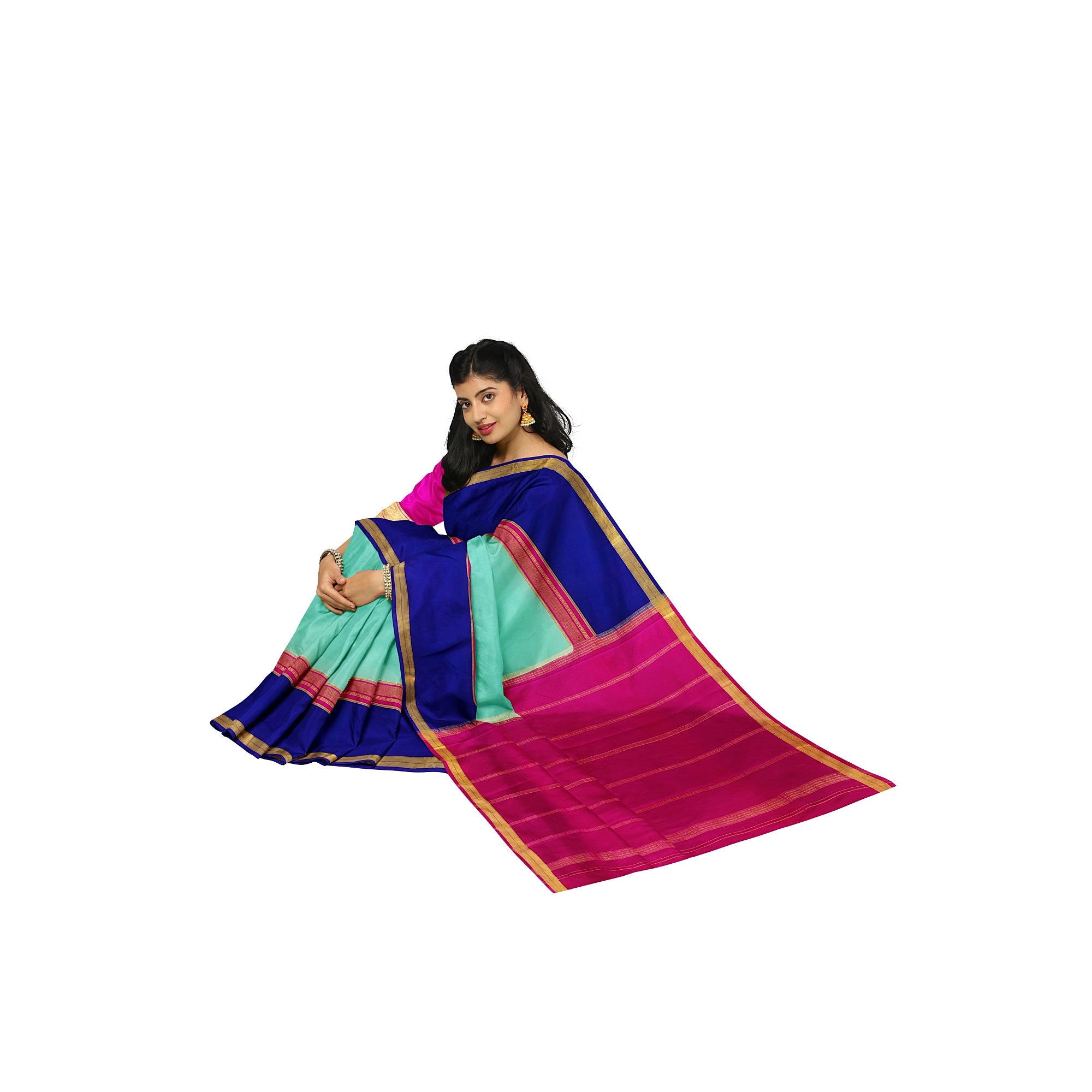 3D Akash Blue Mysore Silk Saree with Pink & Navy Blue Border