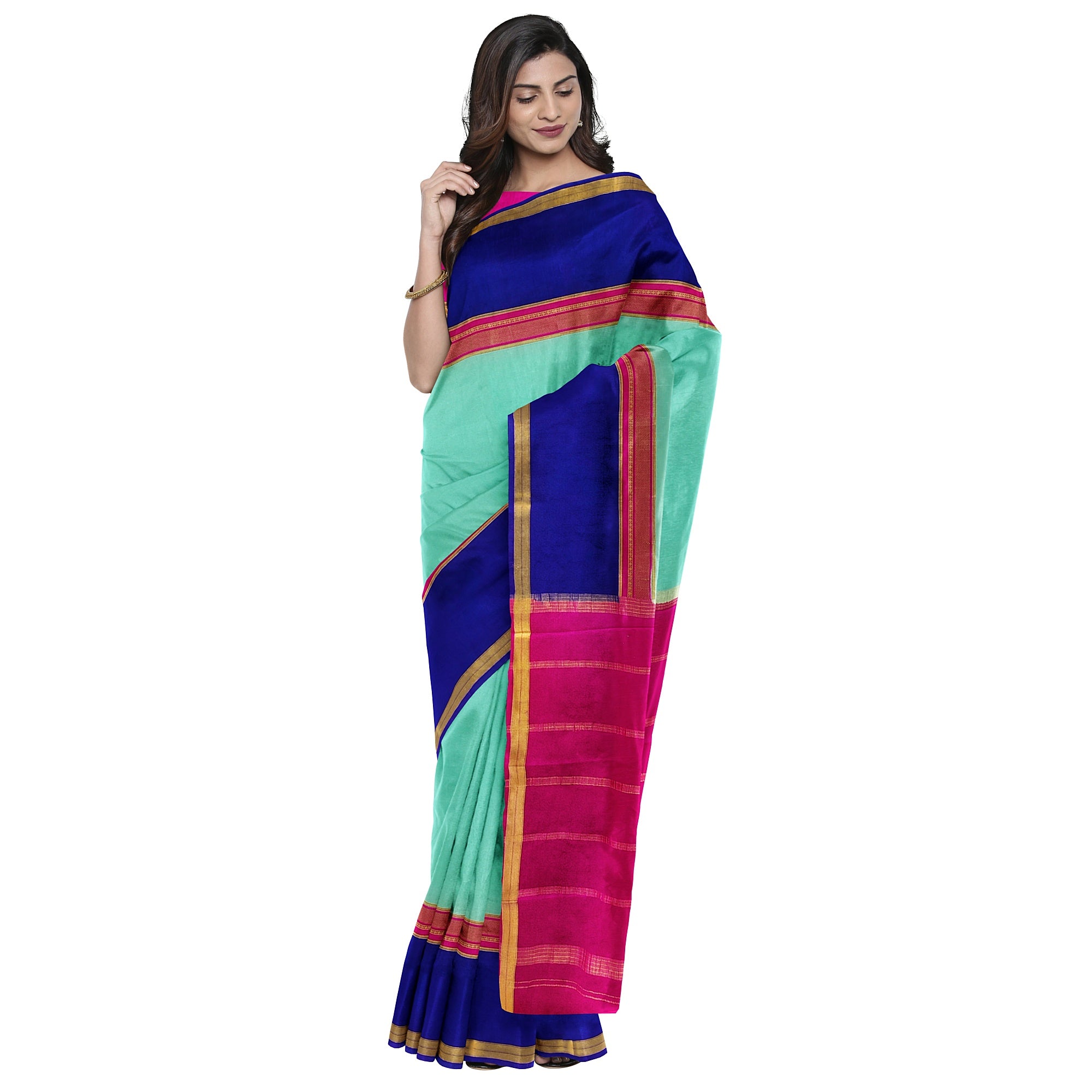 3D Akash Blue Mysore Silk Saree with Pink & Navy Blue Border