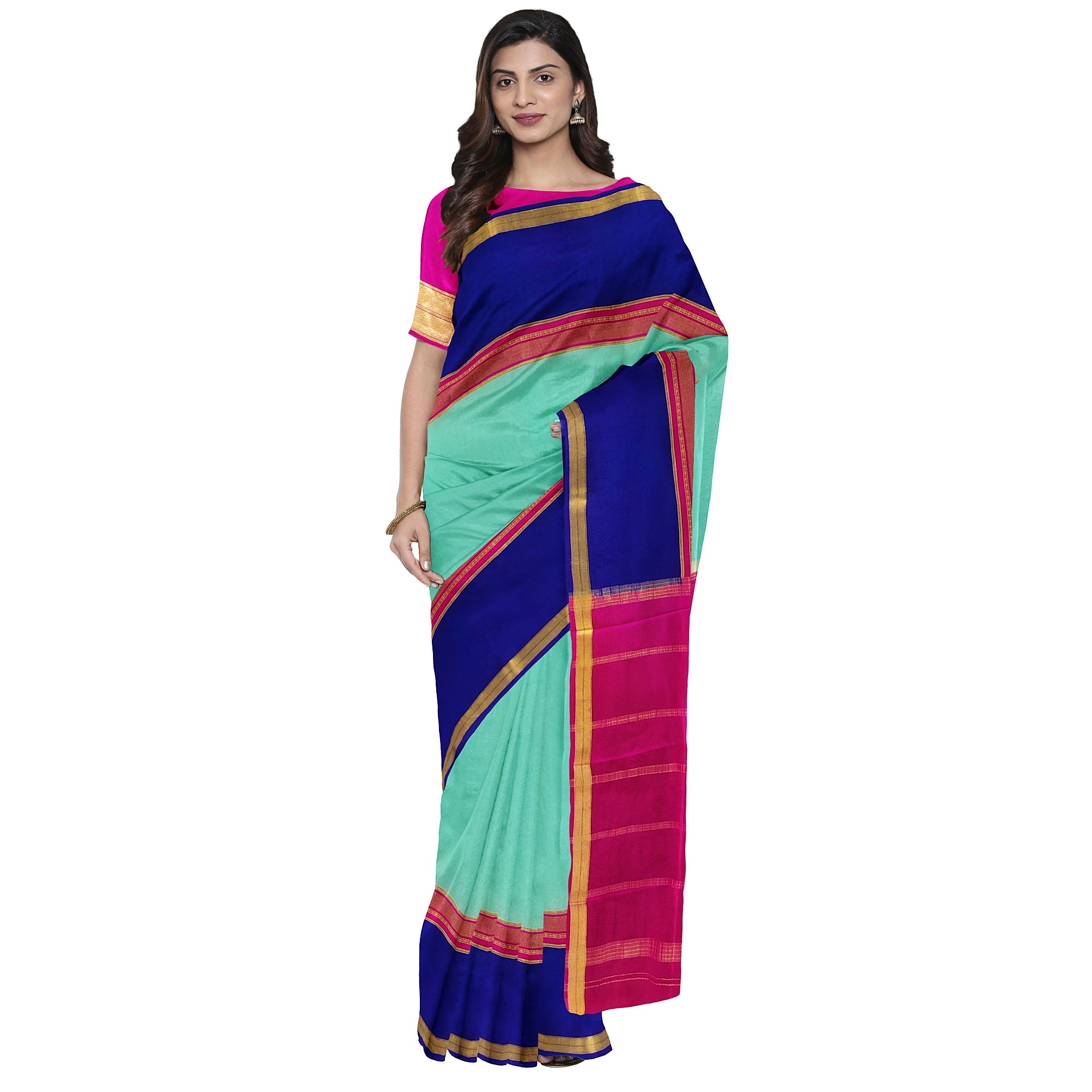 3D Akash Blue Mysore Silk Saree with Pink & Navy Blue Border