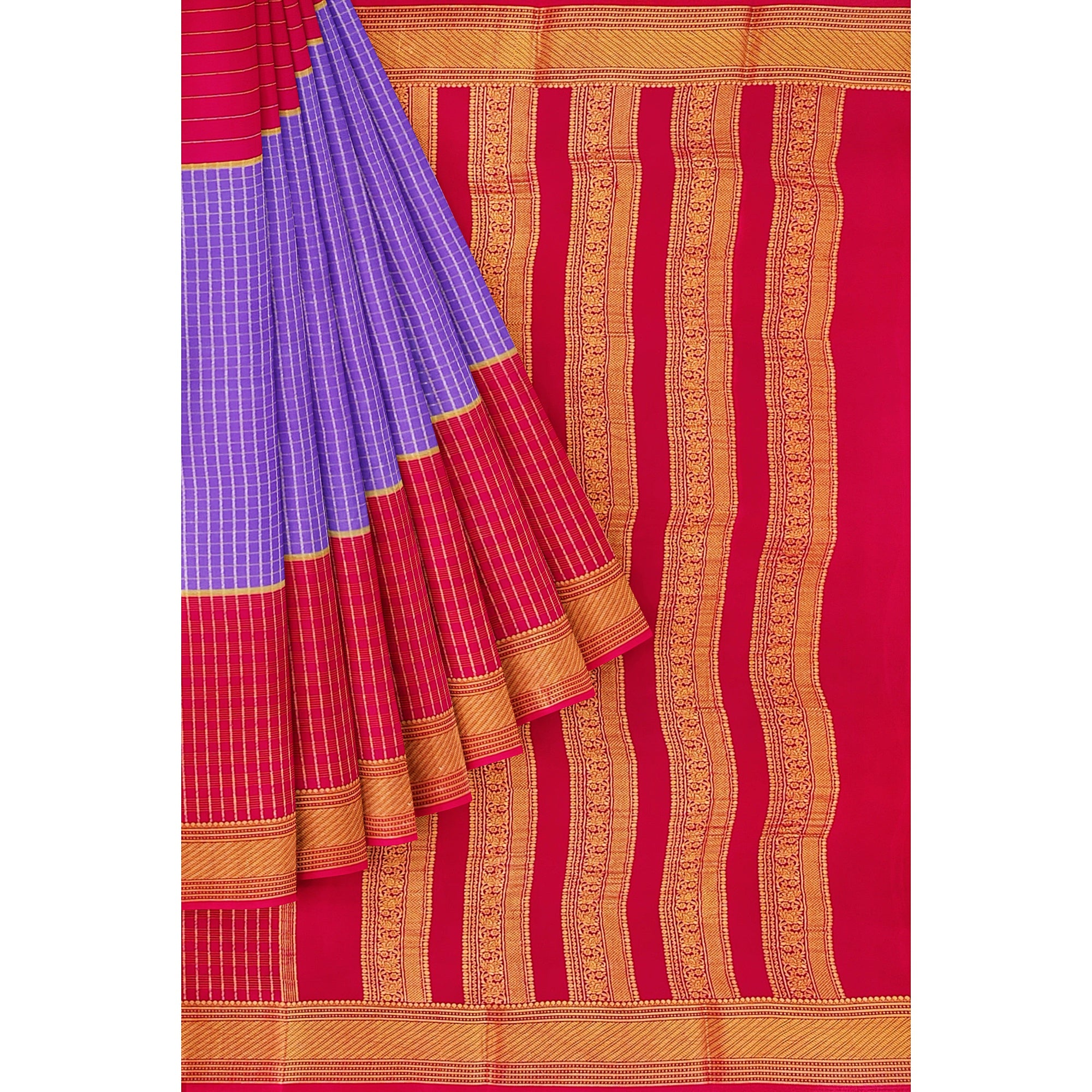 Lavender Checked Mysore Silk Saree with Magenta Pink Border