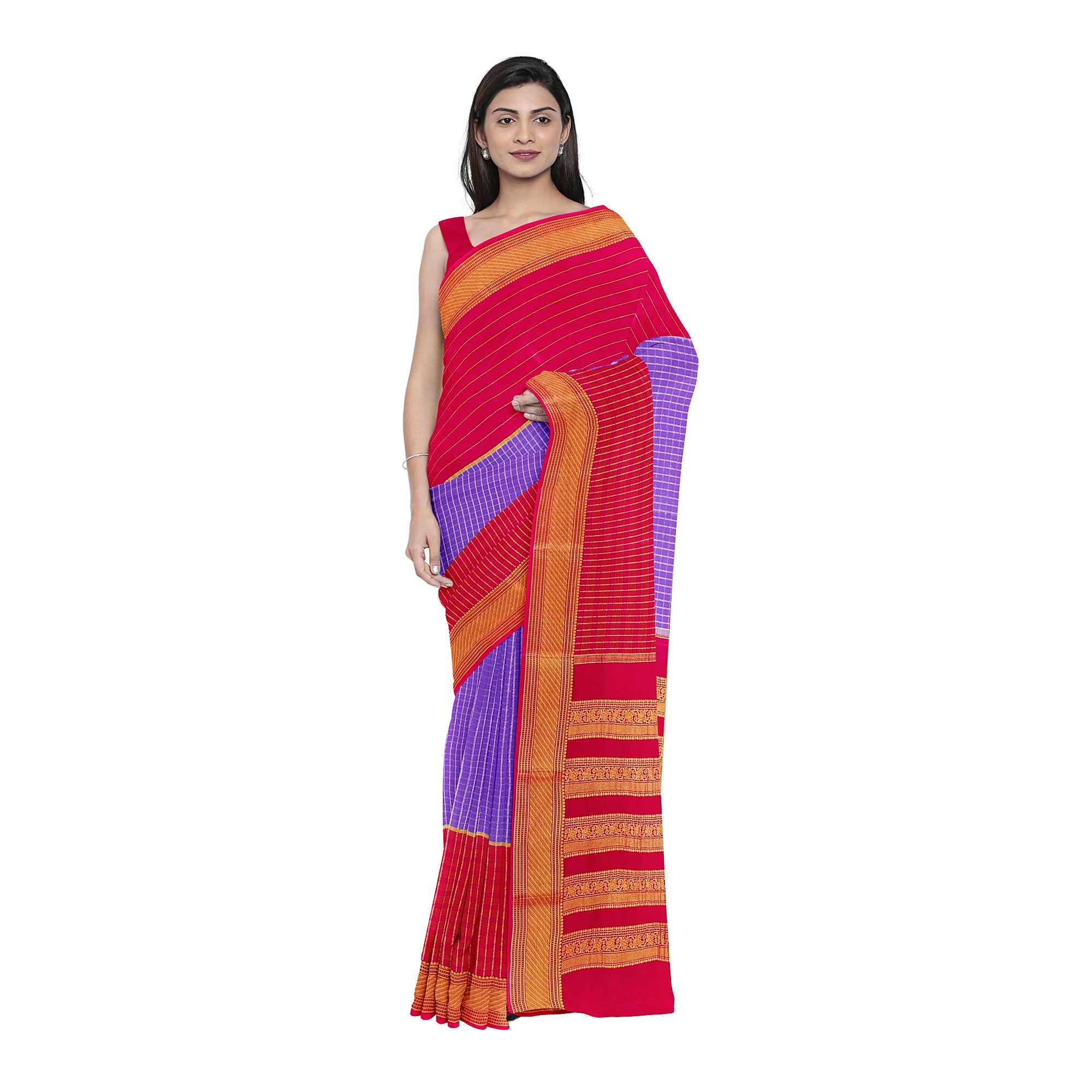 Lavender Checked Mysore Silk Saree with Magenta Pink Border