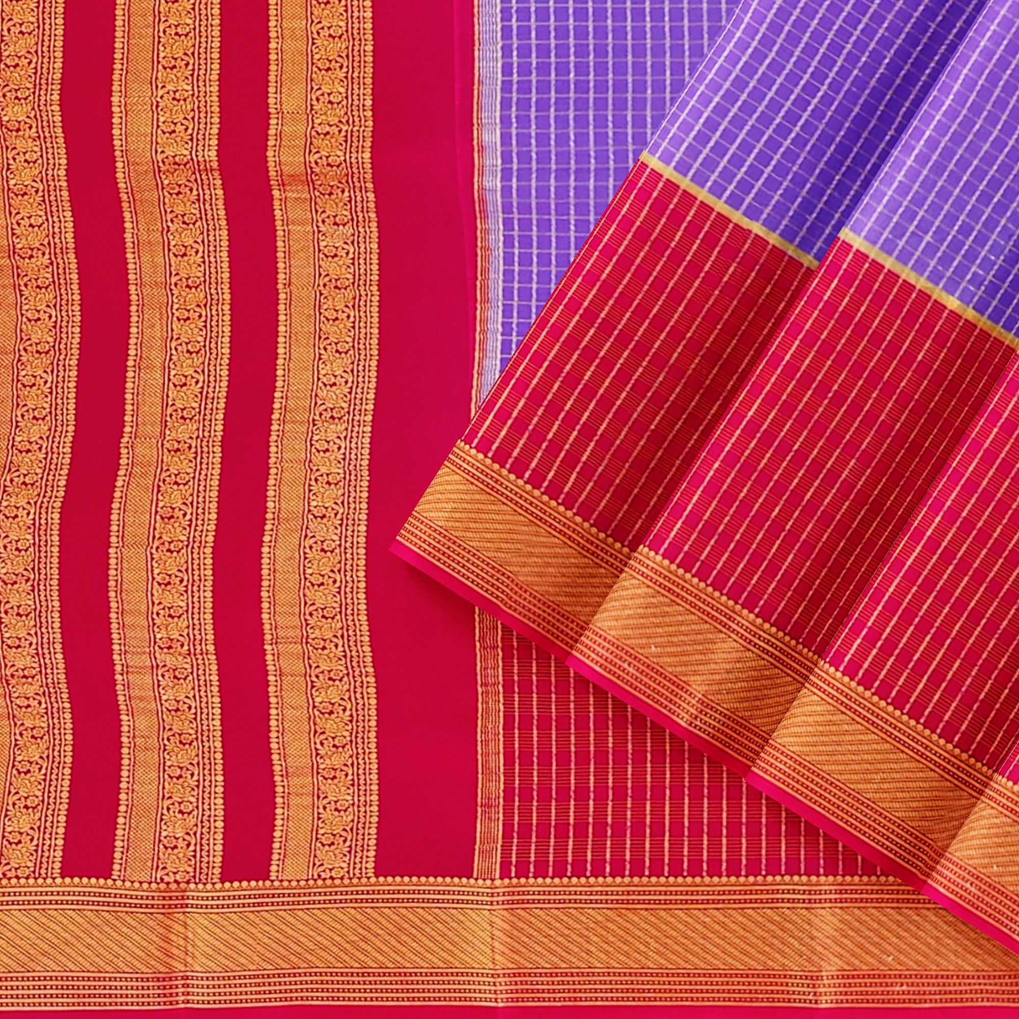 Lavender Checked Mysore Silk Saree with Magenta Pink Border