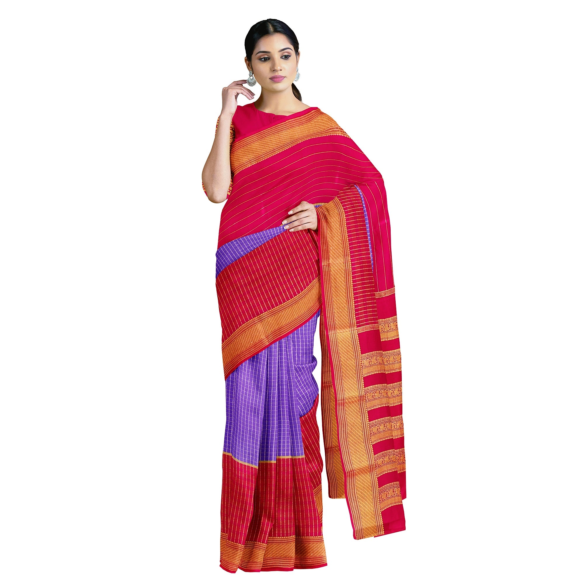 Lavender Checked Mysore Silk Saree with Magenta Pink Border