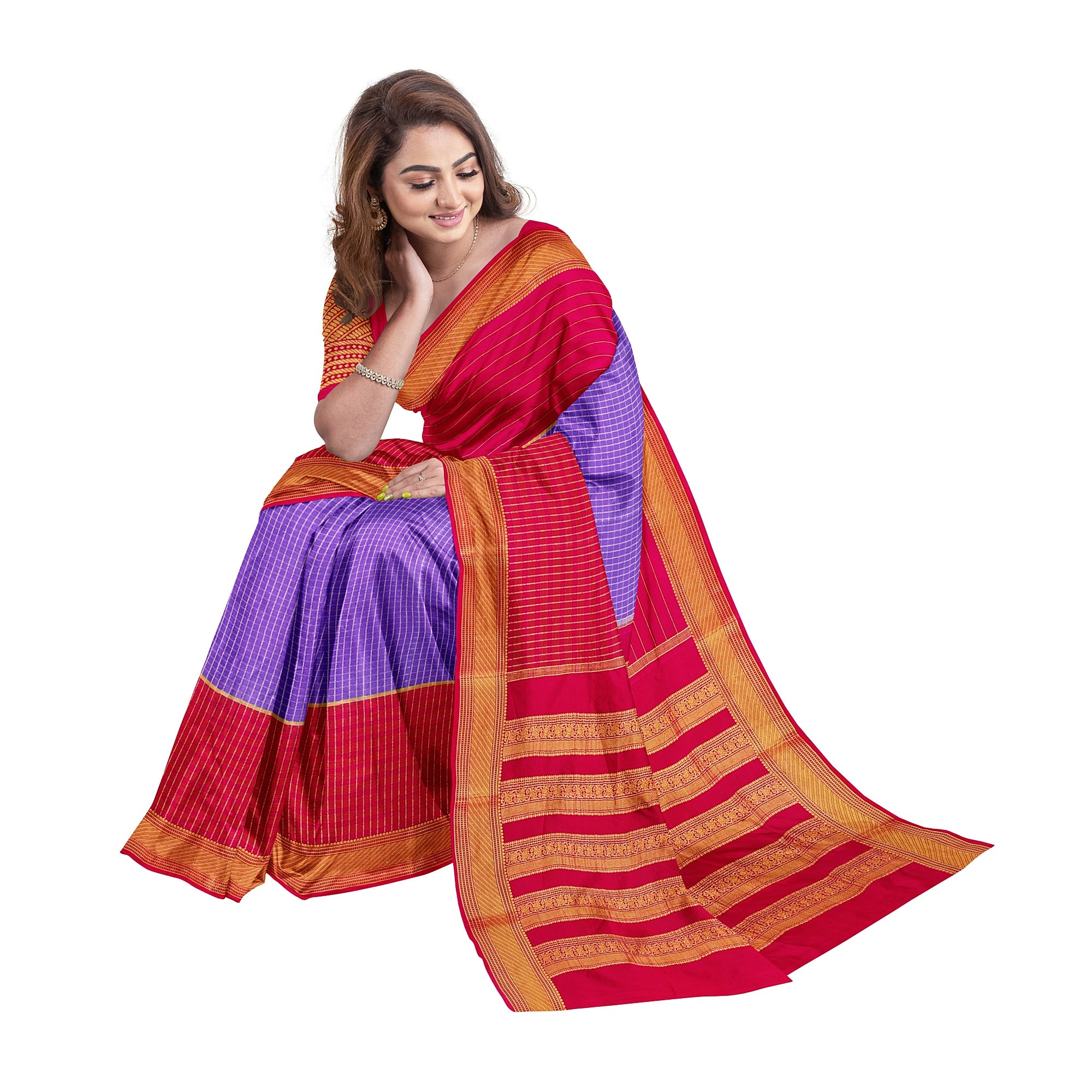 Lavender Checked Mysore Silk Saree with Magenta Pink Border