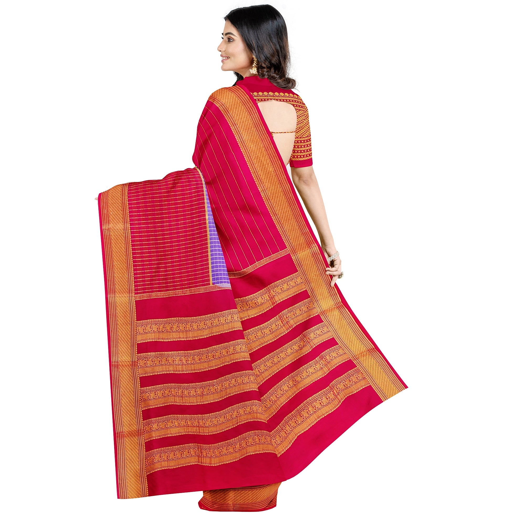 Lavender Checked Mysore Silk Saree with Magenta Pink Border