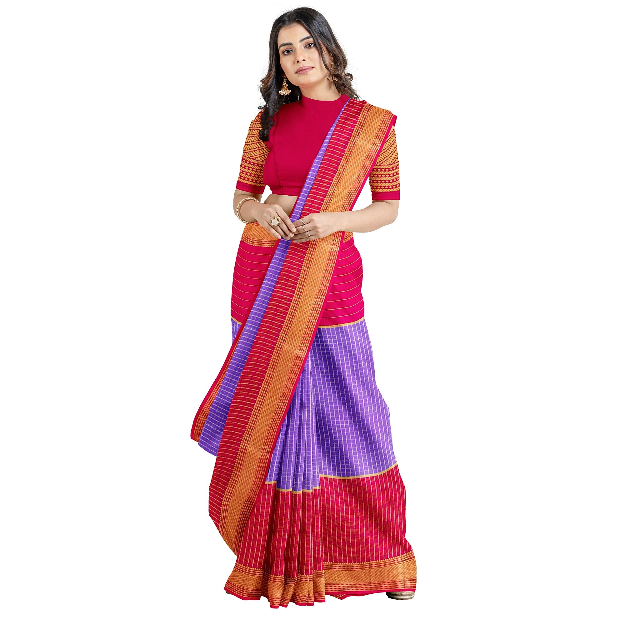 Lavender Checked Mysore Silk Saree with Magenta Pink Border