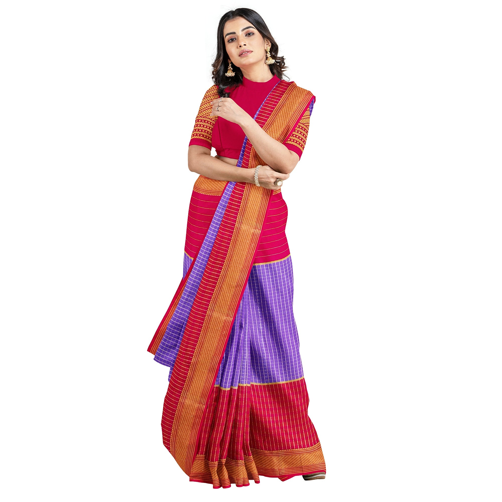 Lavender Checked Mysore Silk Saree with Magenta Pink Border
