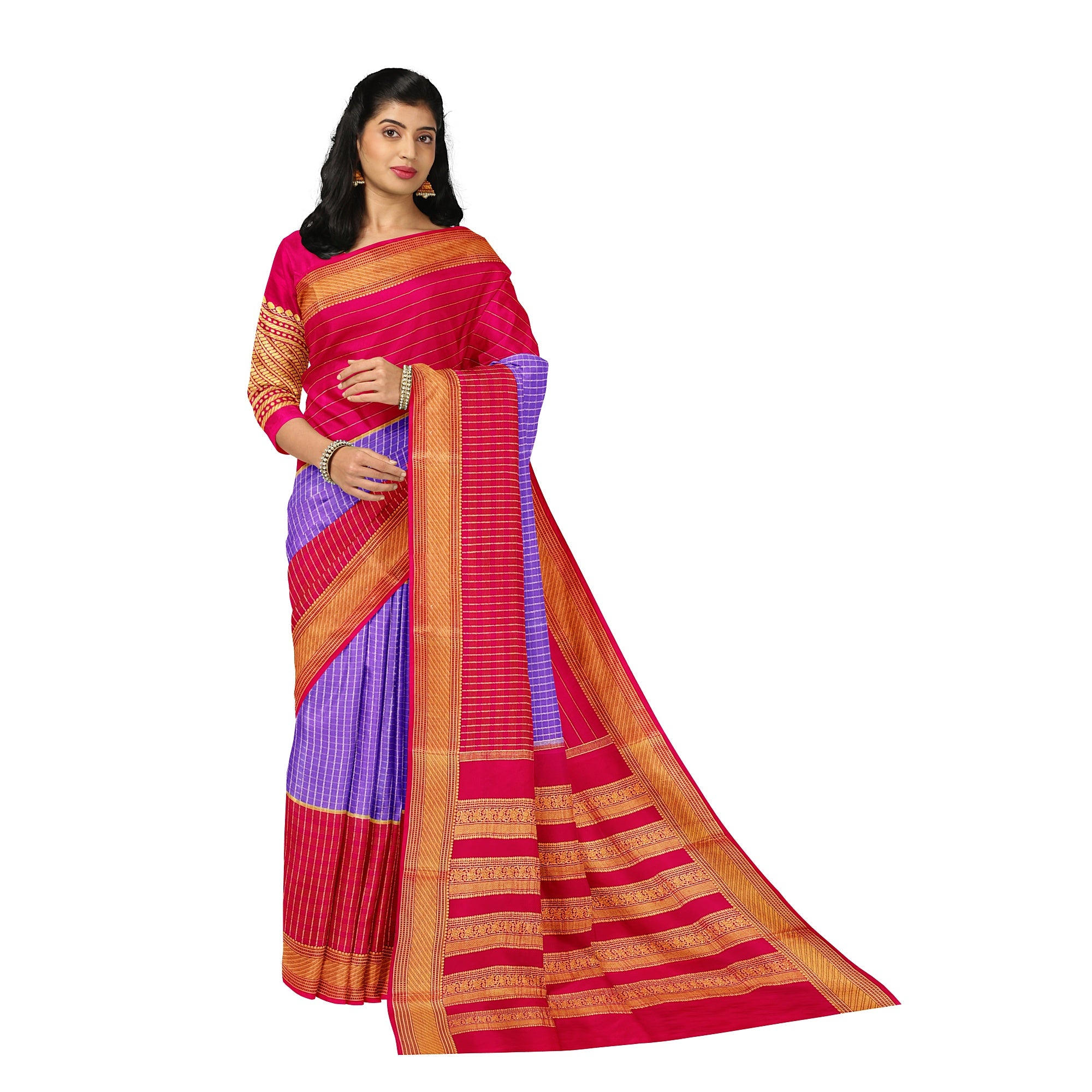 Lavender Checked Mysore Silk Saree with Magenta Pink Border