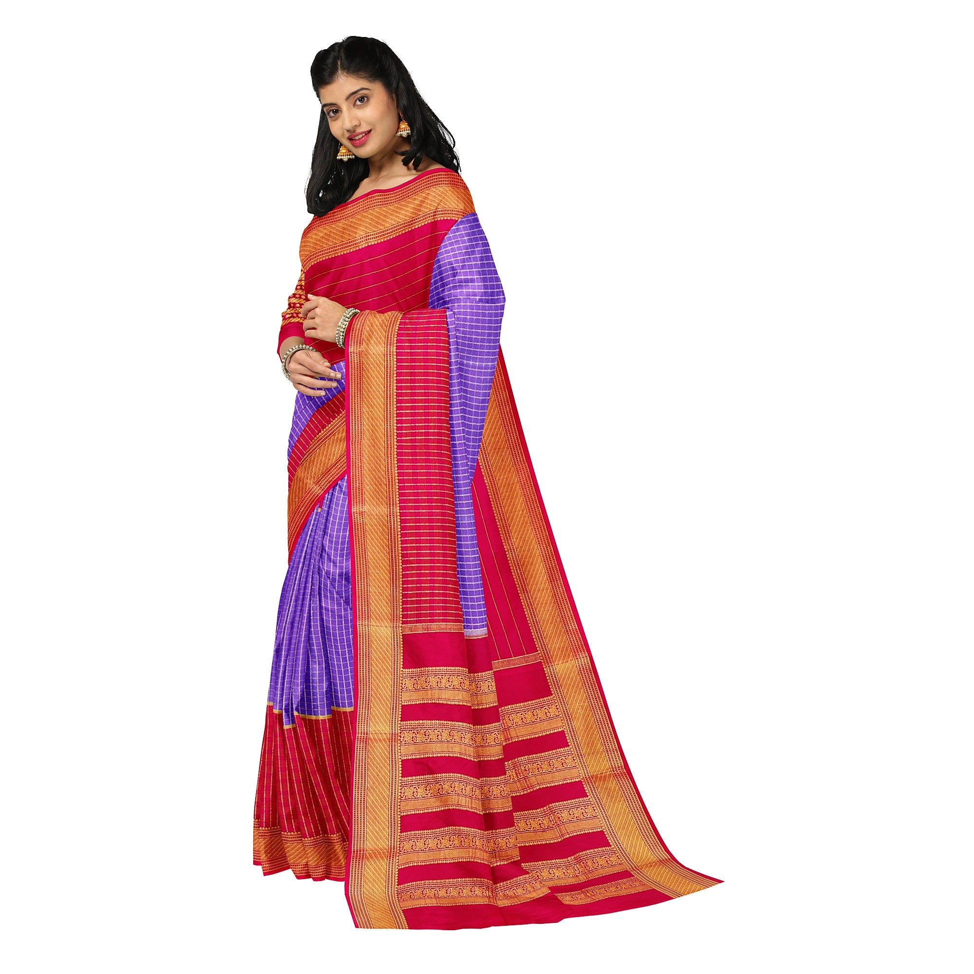 Lavender Checked Mysore Silk Saree with Magenta Pink Border