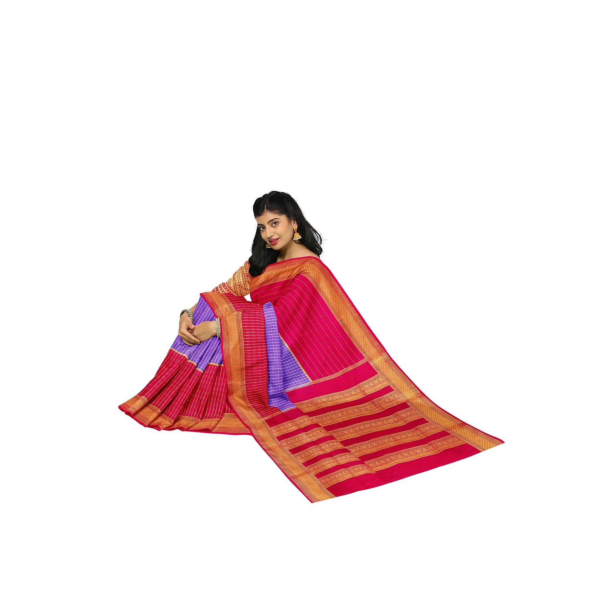 Lavender Checked Mysore Silk Saree with Magenta Pink Border