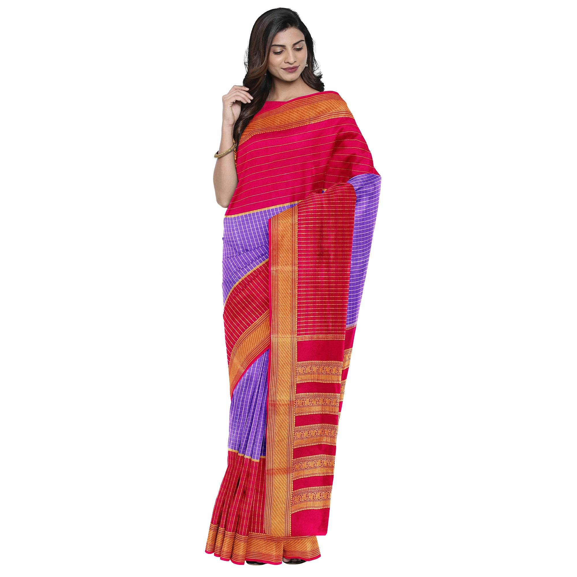 Lavender Checked Mysore Silk Saree with Magenta Pink Border