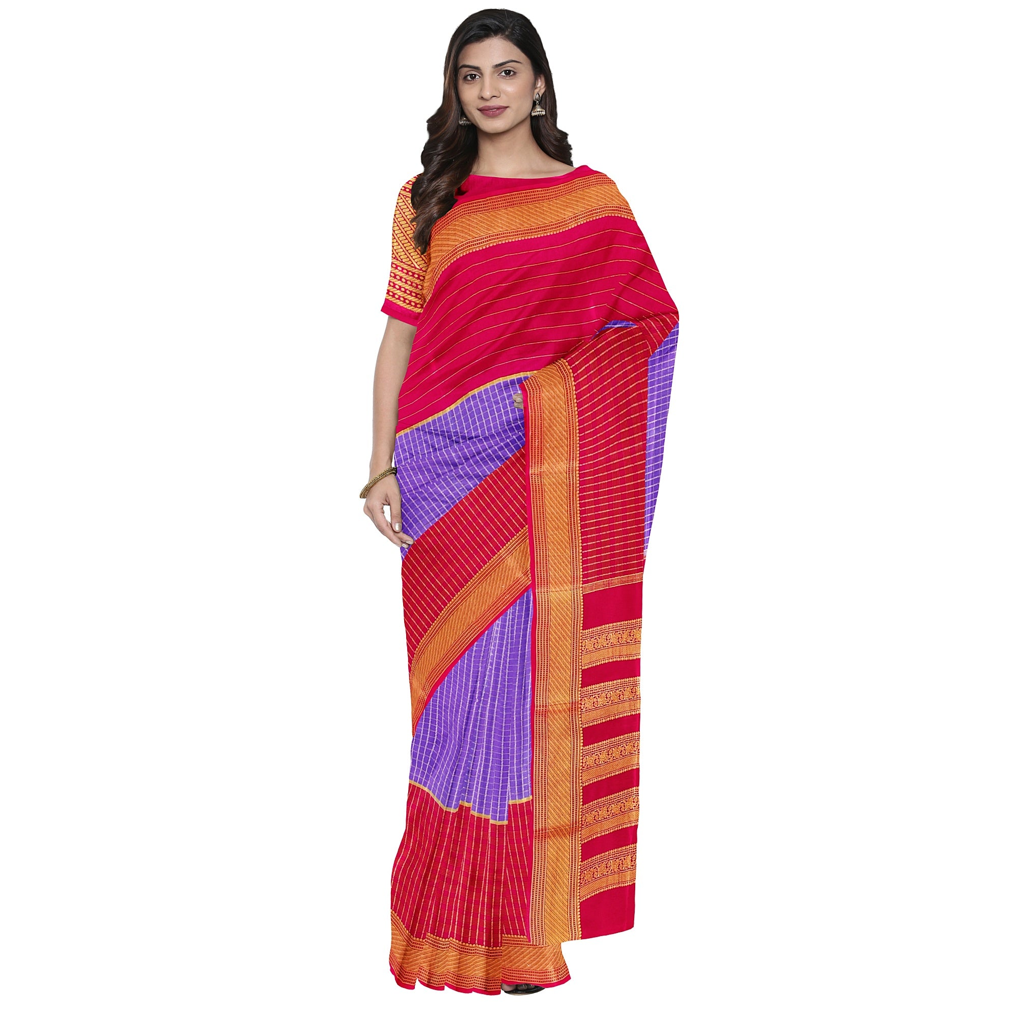 Lavender Checked Mysore Silk Saree with Magenta Pink Border